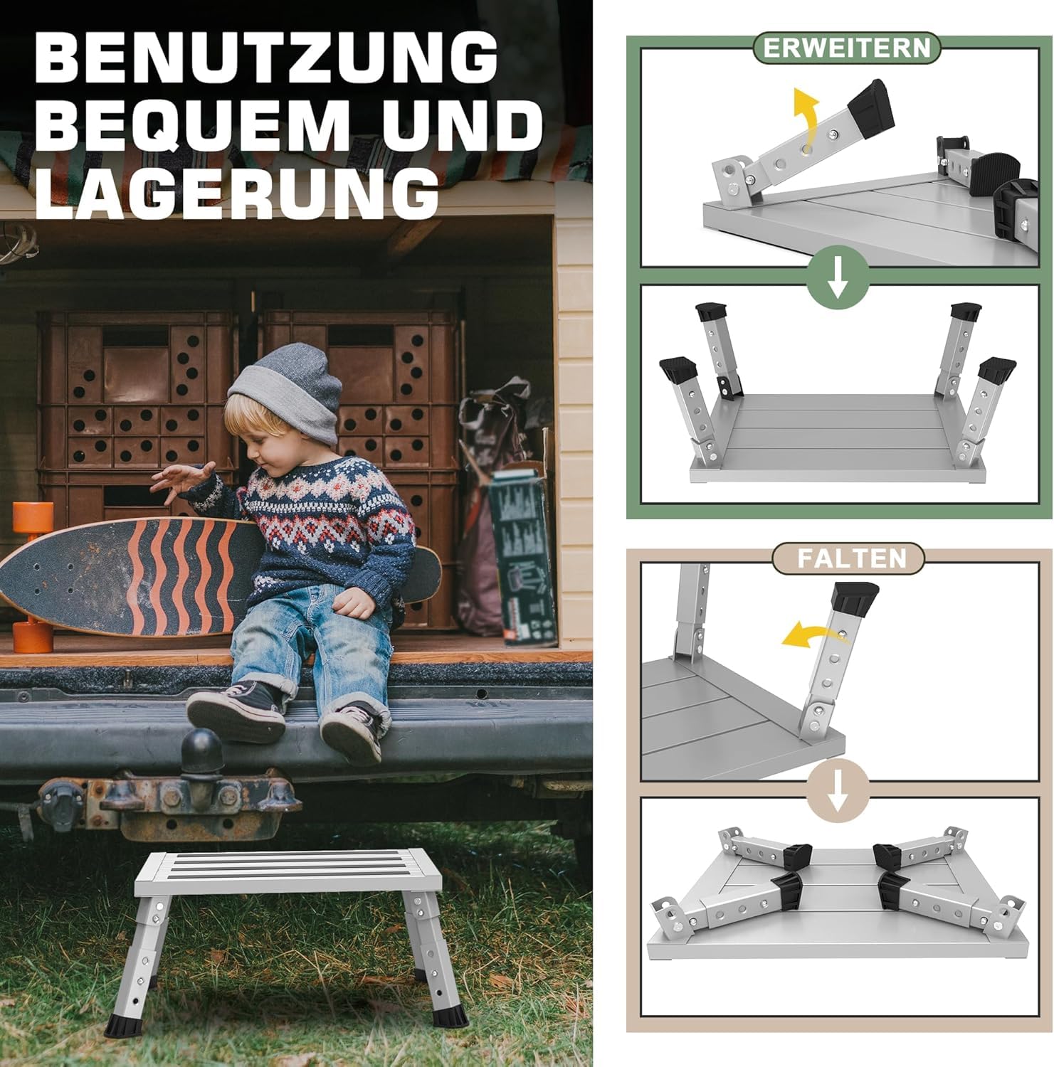 Aluminium Klapptritt Trittstufe, 3-stufige höhenverstellbare Anti-Rutsch Hockerleiter, 350 kg Belastung, Kippsicher &Leicht, für Camping, Küche und Wohnmobil Tritthocker(Grau)