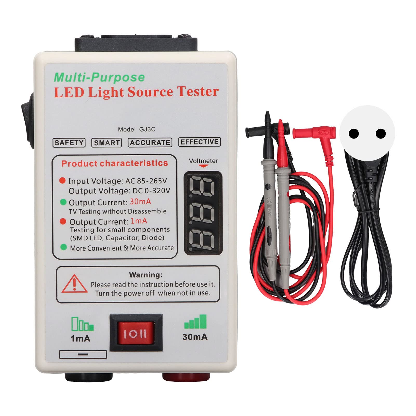 Tester Retroilluminazione LED TV 0-300V, Doppia Gamma di Corrente e Display Digitale, per Test Lampadine LED e Diodi Condensatori (Spina europea)