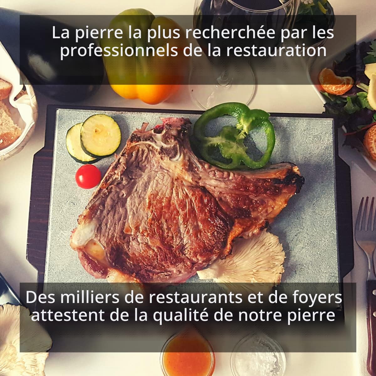 Pierre volcanique pour rôtir de la viande de 20x30x3 cm avec haltérophiles pour restaurants et particuliers - Fer en pierre volcanique pour viande- Grill pour cuisson de la viande à la pierre