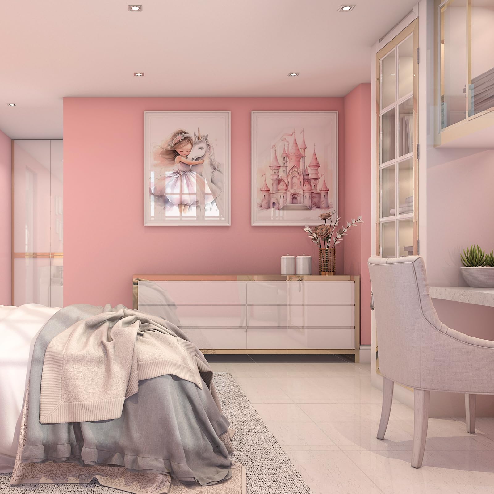 Zamety Poster da Parete Ragazza, Quadro Camera da Letto 30×40cm, Set di 3 Poster Arcobaleno Unicorno Principessa e Castello, Stampe da Parete Adatto per Camerette per Bambine, Senza Cornice