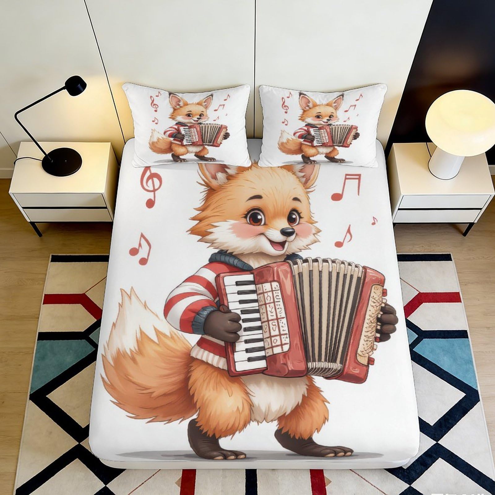 Pnayamiorkfel Style-3 3D Printed Fox With Accordion Fitted Sheet Microfiber Soft Cartoon Music Notes Bed Cover For Bedroom Dorm Mattress Decor 90X200x25cm