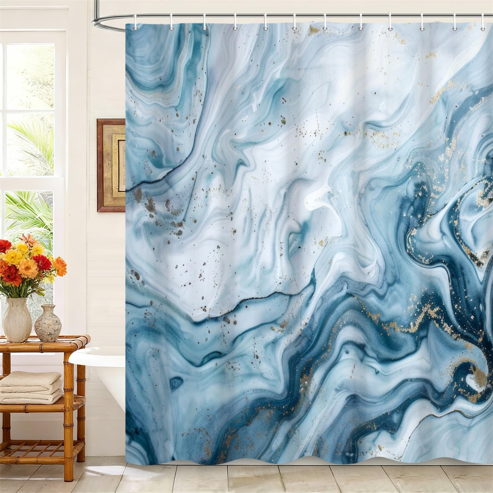 Kzzfqxb 90x183cm Shower Curtains with Plastic Hooks, Waterproof Occluded Blue Marble Texture Milky Waterflow Wave Sandflow Modern Art Pattern for Bath, Polyester Fabric for Bathroom Bathtub — image 1