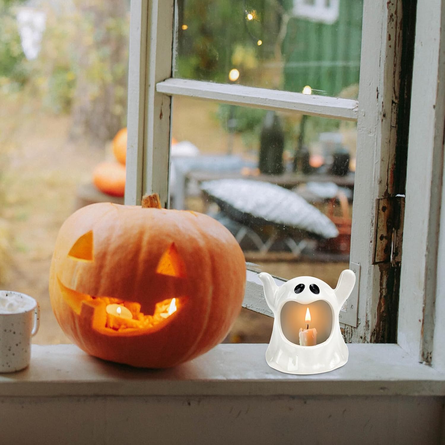 Operitacx Creative Ceramic Ghost Halloween Candle Holder Decorative Desktop Ornament for Halloween Party and Festival Home Décor