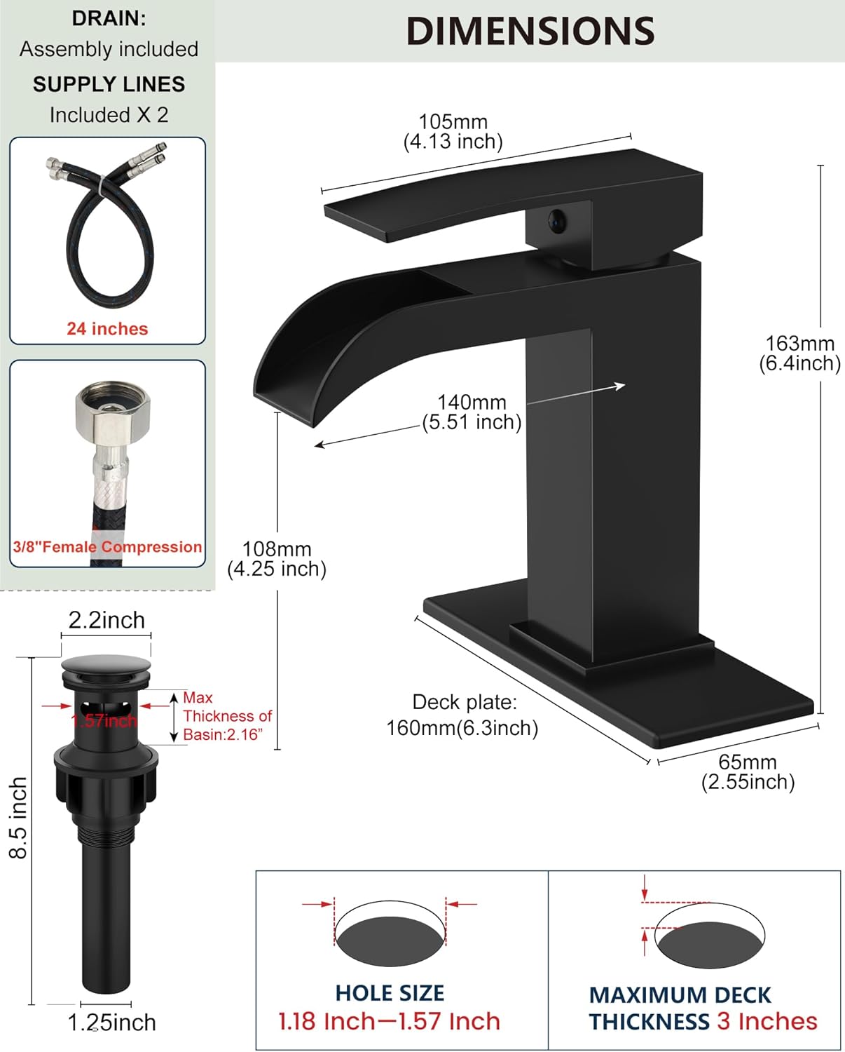 Midanya Waterfall Bathroom Faucet, Single Handle Bathroom Sink Faucet for Sink 1 or 4 Inch 3 Hole, Stainless Steel Vanity Faucets with Deck Plate and Pop up Drain,Matte Black