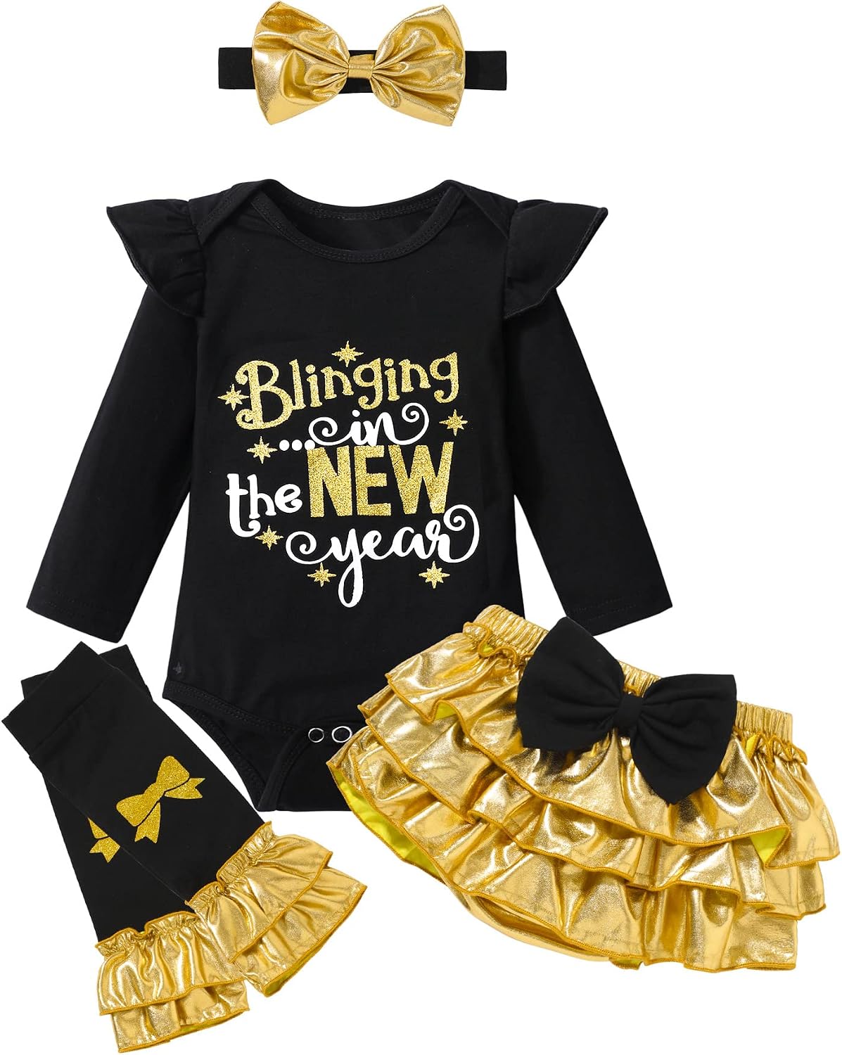 DONWEN New Years Baby Girl Outfit Bling In New Year Ruffed Romper + Tutu Skirts + Leg Warmers + Headband 4pcs Outfit Set