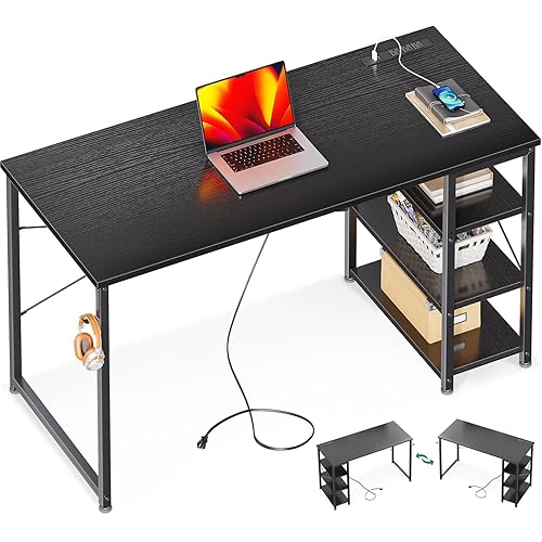 AODK Laptop Desk Office Desk, 48 Inch Computer Desk with Power Outlet and USB & Type-C Charging Port, Writing Desk with 3-Tier Reversible Storage Shelf for Home Office, 48'' x 16'', Black