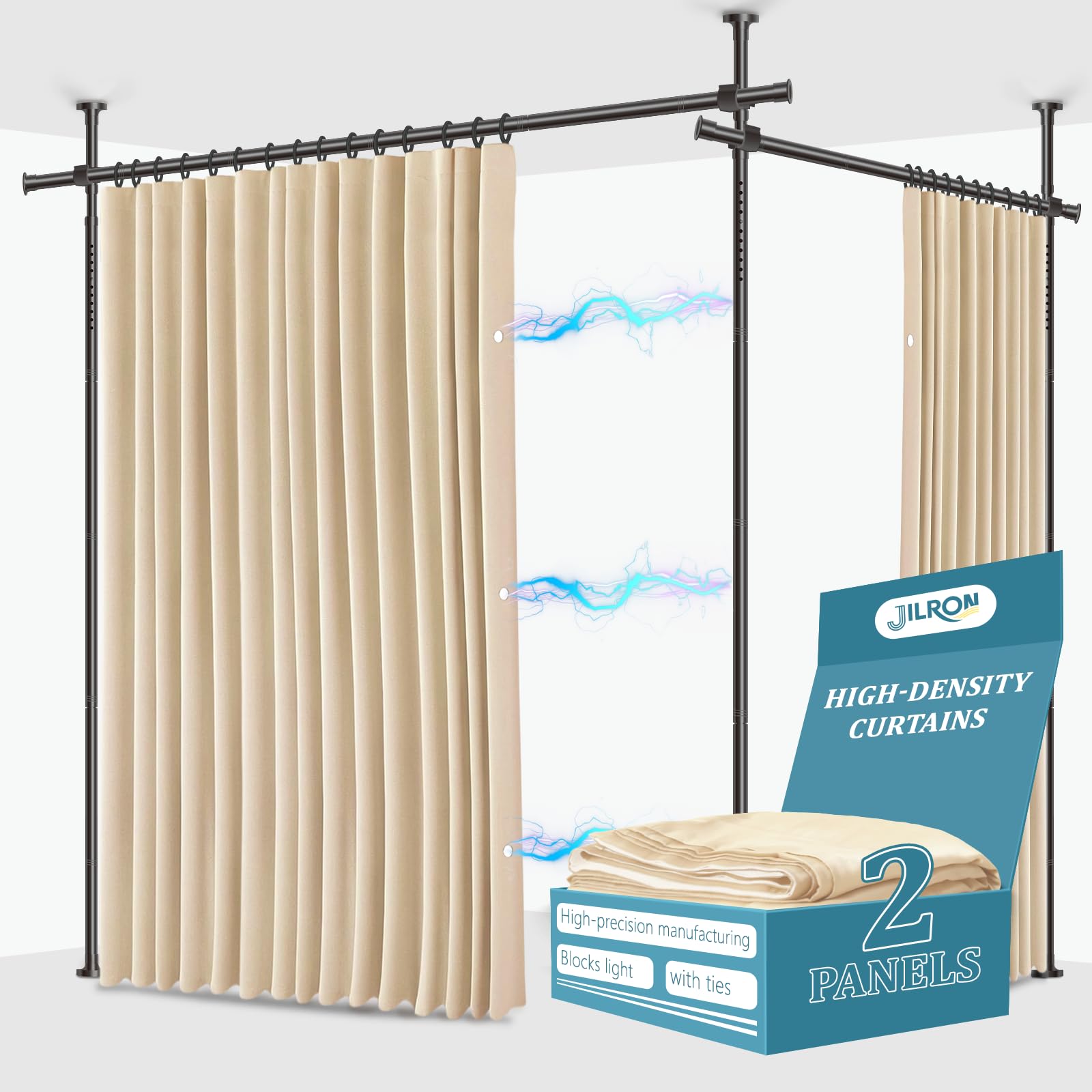 Jilron No-Drill Room Divider Curtains Set: Includes 106" W x 96" L Beige Curtain 2-Panel & Adjustable Pole Brackets (72-200" W x 43-120" H Adjustable Range) — image 1