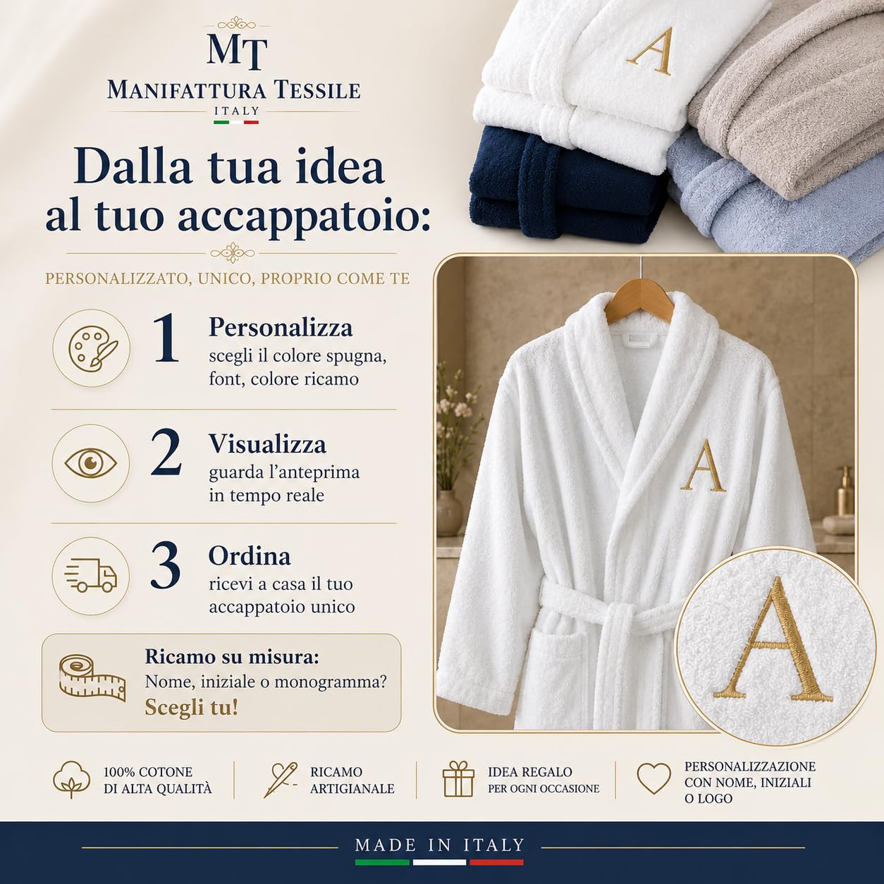 Accappatoio Personalizzato con Ricamo per Uomo e Donna, 100% Cotone, Con Cappuccio, Alta Qualità