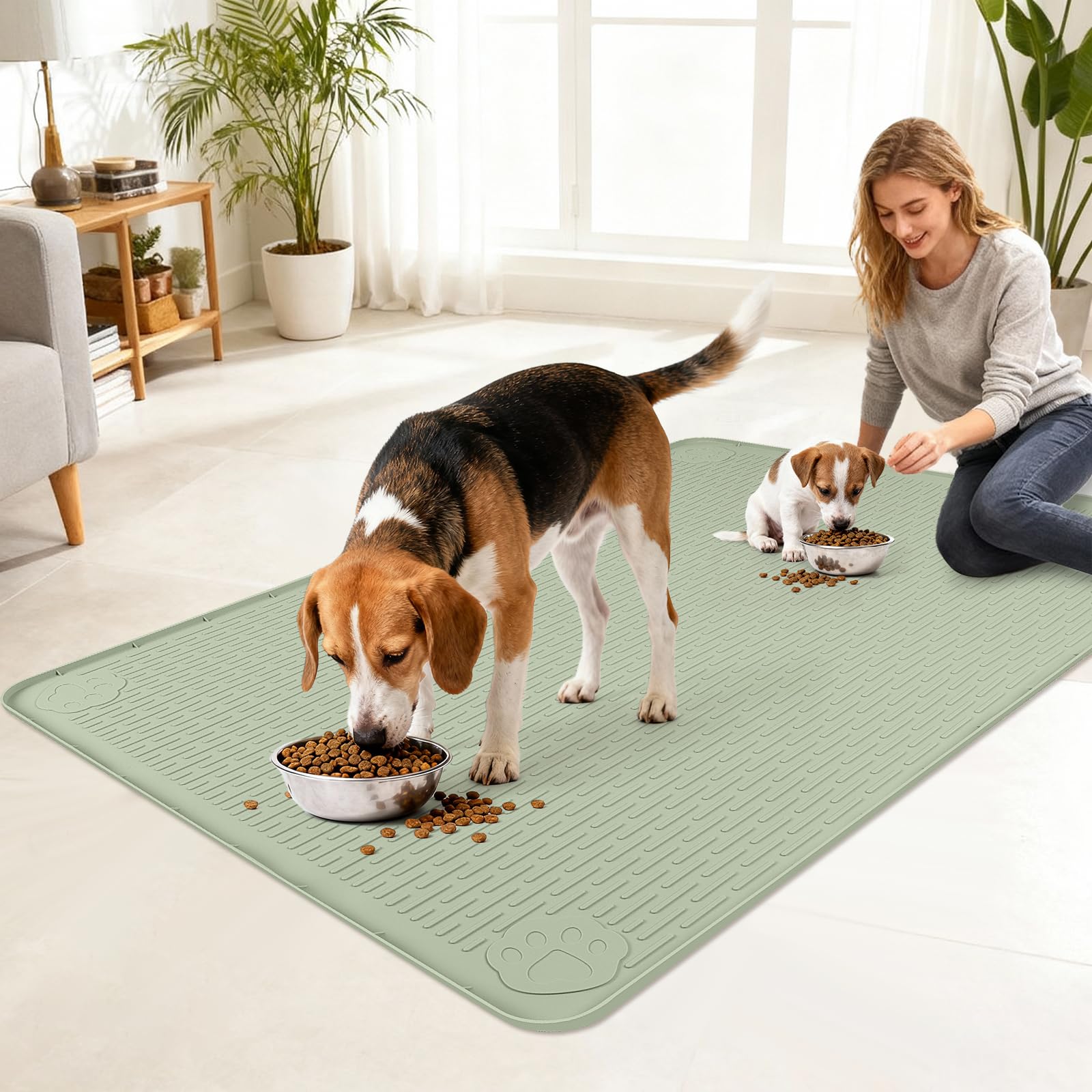 Kalolary 40 x 28 pollici Tappetino per Cibo per Cani (Verde) | Tappetino in Silicone Grande con Bordo Rialzato Antiscivolo per Ciotole Cibo e Acqua Facile Pulire Protezione il Pavimento