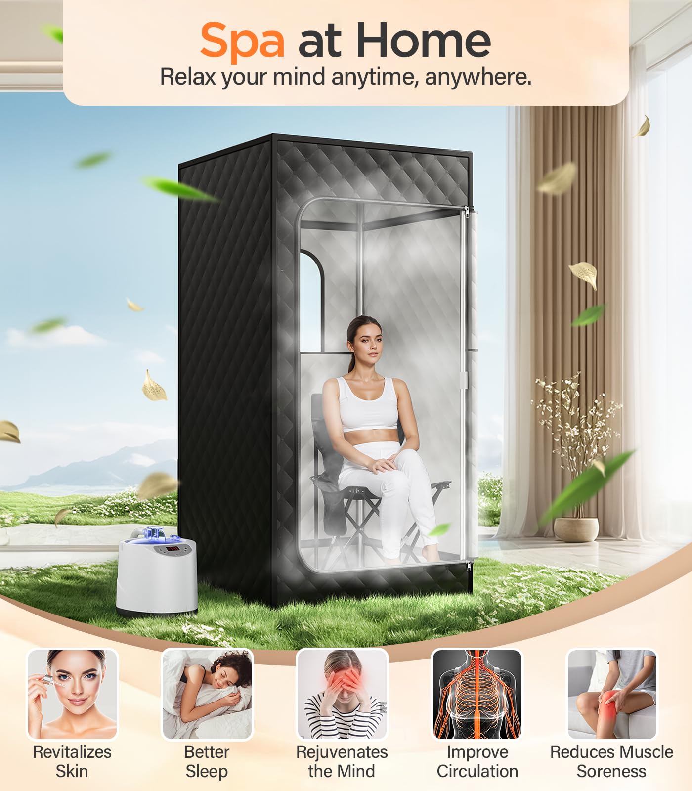 Saunakiste, tragbare Sauna für Zuhause, persönliches Dampfsaunazelt mit 1200 W 3L Dampfgarer, 15 Stufen, Fernbedienung, Faltbarer Stuhl, gemütliche Größe 91,4 x 91,4 x 180,3 cm, Schwarz