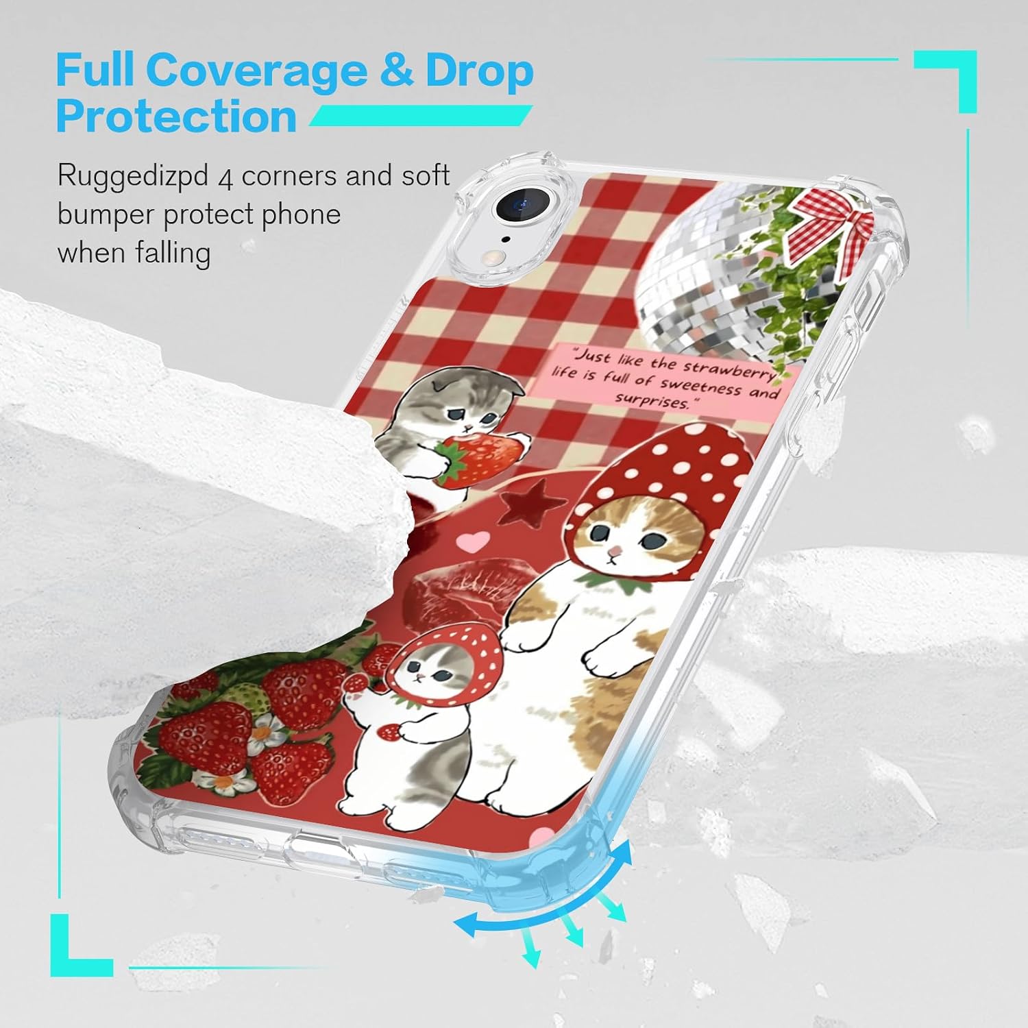 Cute Strawberry Cat Phone Case Fit for iPhone Xr — Wireless Charging Whimsical and Sweet Funny Kawaii Cat Phone Cover Gift for Boy Girl Men Women image 2