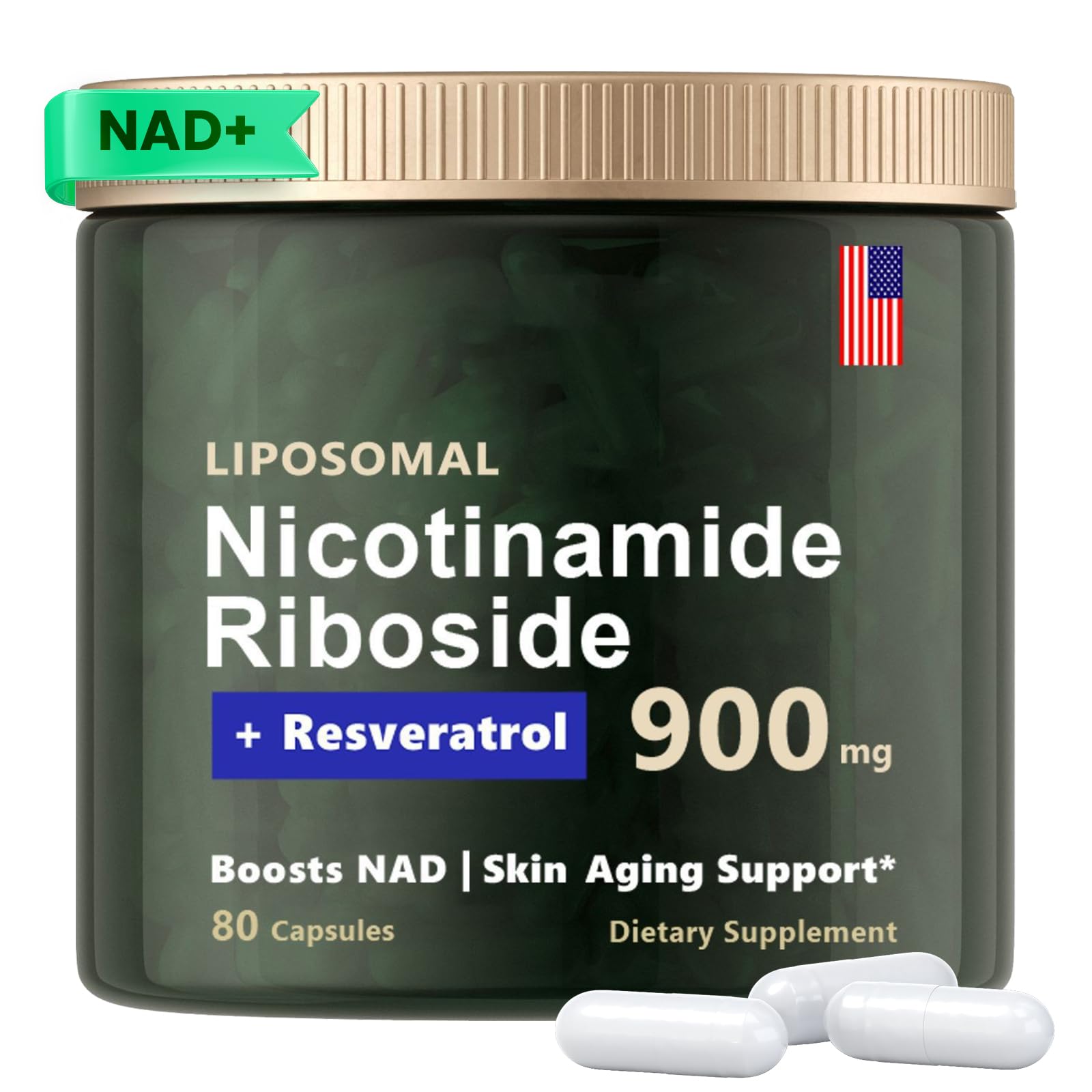 NMN Supplement Alternative, Liposomal Nicotinamide Riboside 900mg, NAD Nicotinamide Riboside Resveratrol, Quercetin, High Purity NAD Supplement for Anti-Aging, Energy, Focus(80 Capsules)