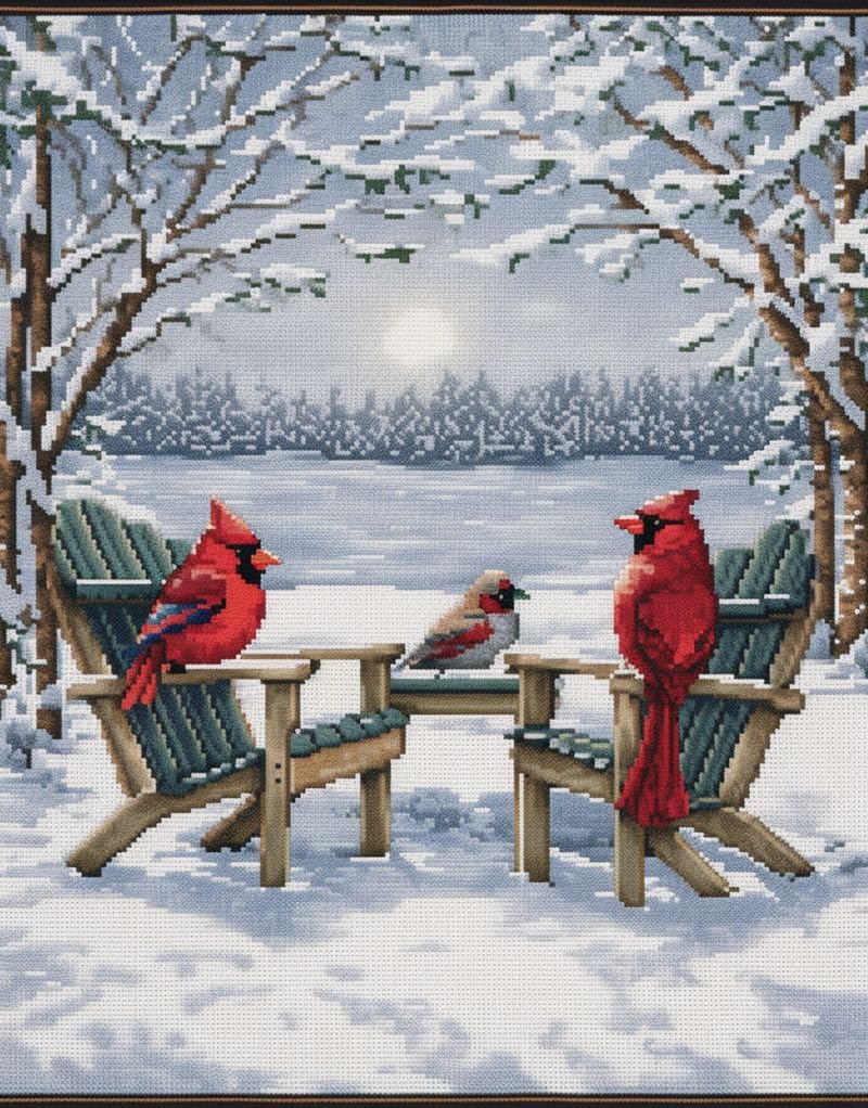 Generic Winter Snowy Cardinal Bird Cross Stitch Kits for Beginners Pattern Stamped Cross-Stitch Supplies Needlework DIY 11CT 3 Strands Cotton Thread Printed DIY Needlepoint Kits 40×50cm (CX115)