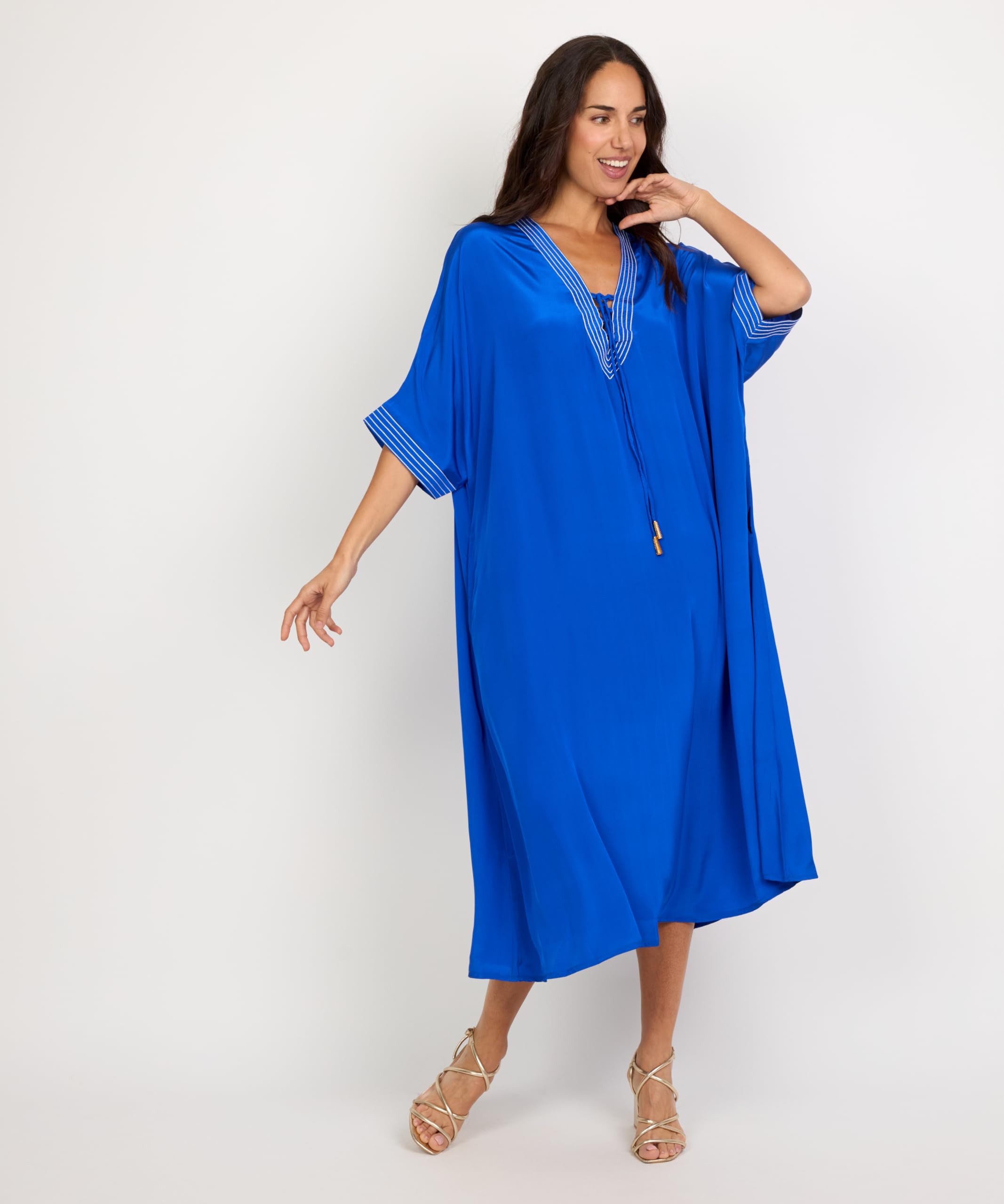 Kaftan de Playa Largo Casual con Cuello V, Detalles de Líneas Decorativas, Estilo Suelto