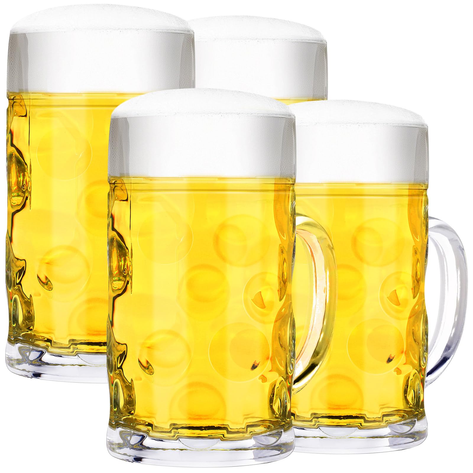 Summer Jumbo Beer Mug Large Glass Beer Stein Mugs with Handle Clear Drinking Beer Mug Bulk Dimpled Beer Cups for Beer Juice Coffee Beer Fest Party BBQ Picnic Wedding Summer Party(44 oz, 4 Pcs)