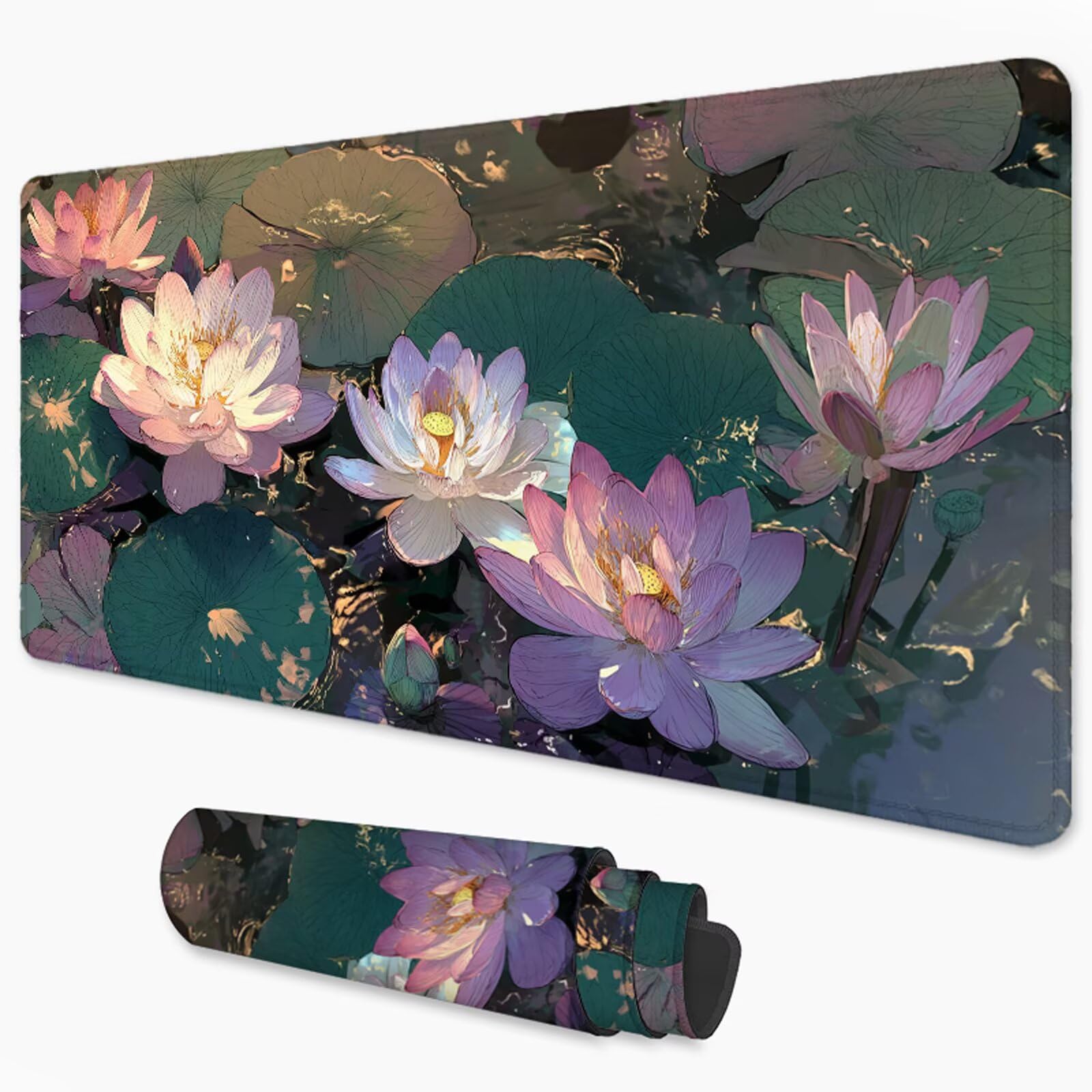 Podkładka pod mysz XXL Lotus, podkładka pod mysz Dream 1000 x 500 mm, wodoodporna i trwała podkładka pod mysz z zszytymi krawędziami i antypoślizgową gumową podstawą, mata biurkowa do biura, domu
