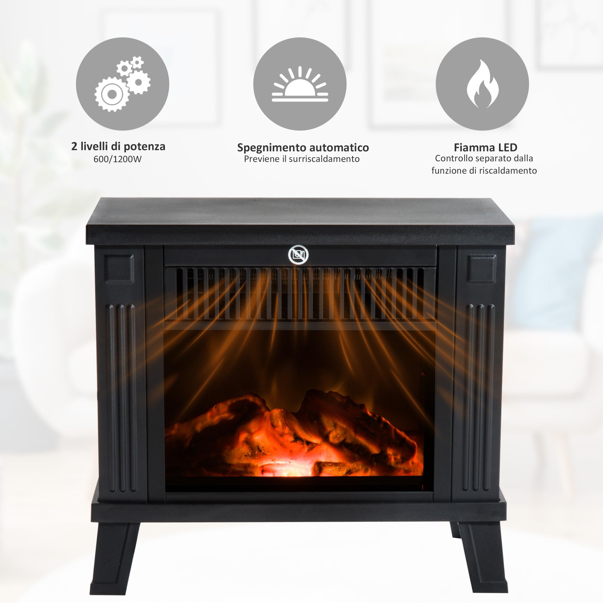 HOMCOM Camino Elettrico da Terra Moderno 600W/1200W, 34x17x31 cm, Nero
