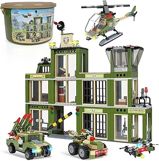 EP EXERCISE N PLAY Military Base Army Building Set, Military House for Army Combat Spike Operation Center, with Military Car Artillery Truck UAV Airplane, War Roleplay Toy Gift for Boys 6-12