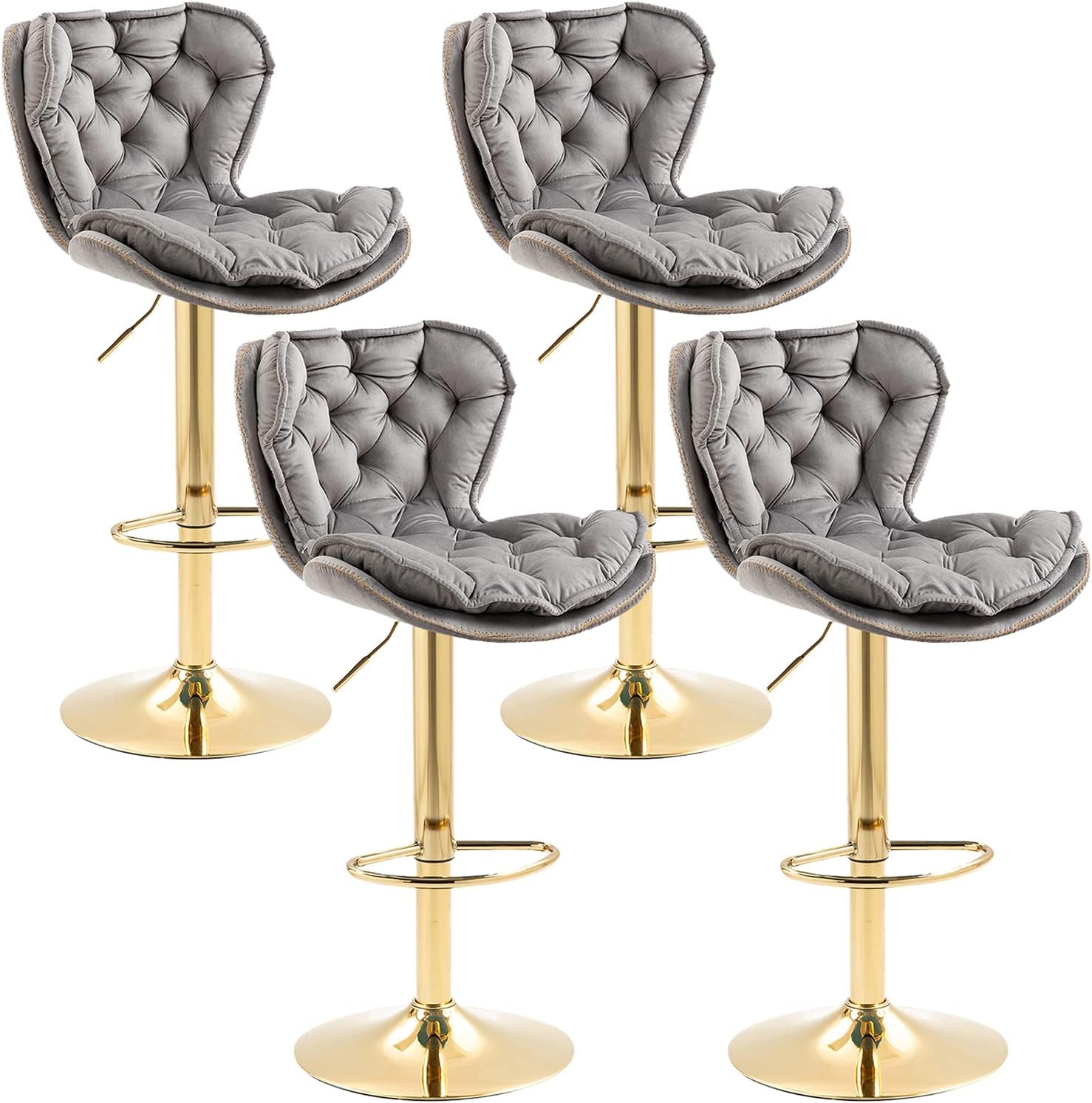KINFFICT Bar Stools Set of 4, Velvet Counter Height Adjustable Barstools, Swivel Dining Bar Chairs Upholstered Modern Bar Stool for Kitchen Island, Cafe, Bar, Counter, Dining Room, Grey
