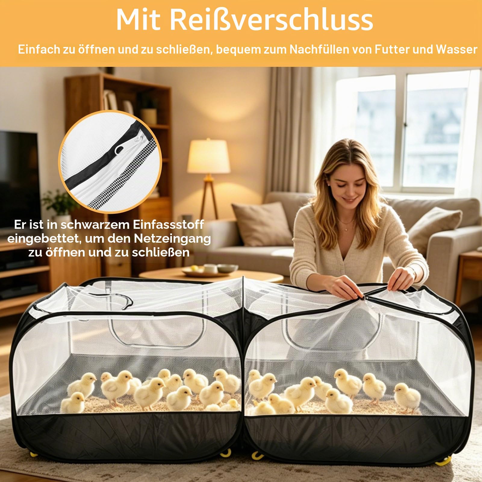Tragbarer Hühnerstall, Laufstall für Kleintiere, faltbares Haustiergehege, Outdoor-Haustierzaun, Hühnerstall mit abnehmbarem Boden und atmungsaktiven Netzwänden (Schwarz)