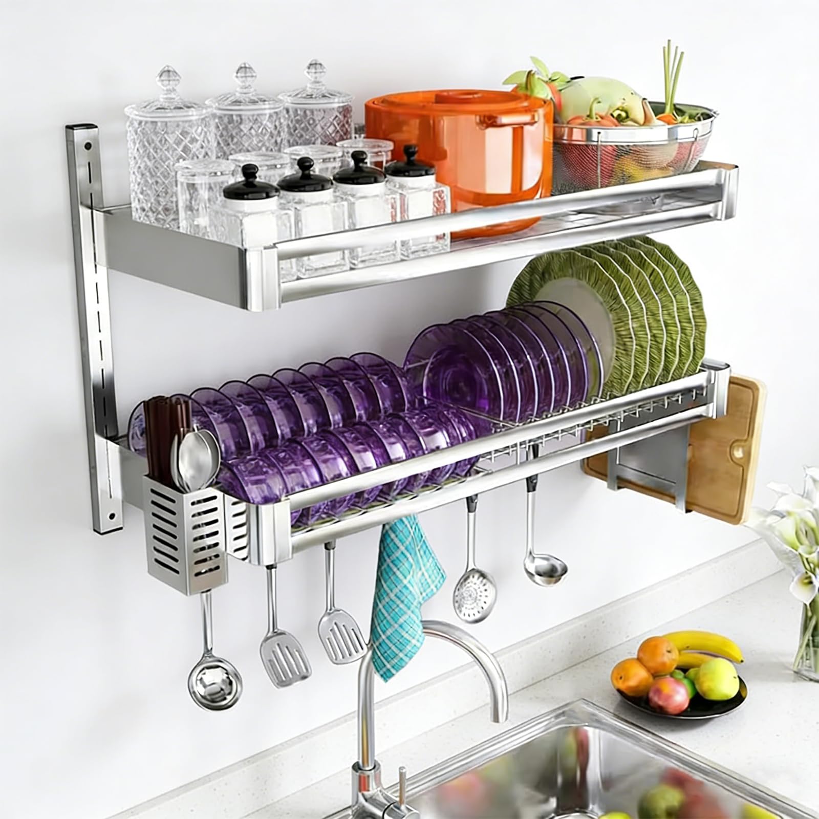 Escurridor de Platos de Pared Fabricado en Acero Inoxidable 304, escurridor de Cocina Colgante con Soporte para Palillos y Cuchillos, Estante de Pared de 2 Niveles para Utensilios de Cocina,