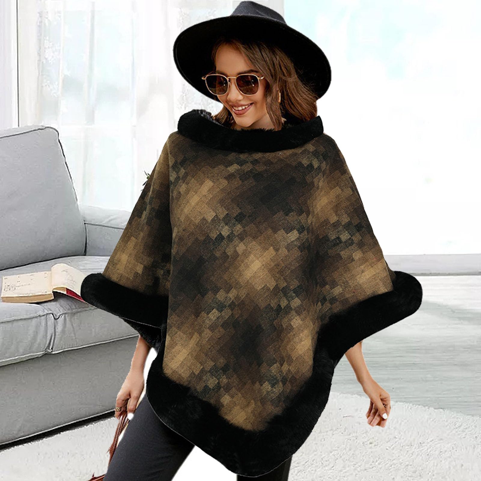aqxreight Mantella con Scialle a Collo Rotondo, Calda, con Cuciture in Peluche, a Quadri, Lavorata a Maglia, per le Donne, per la Vita Quotidiana, Kaki F, Adorabile Modifica Dolce e Snella, (F)