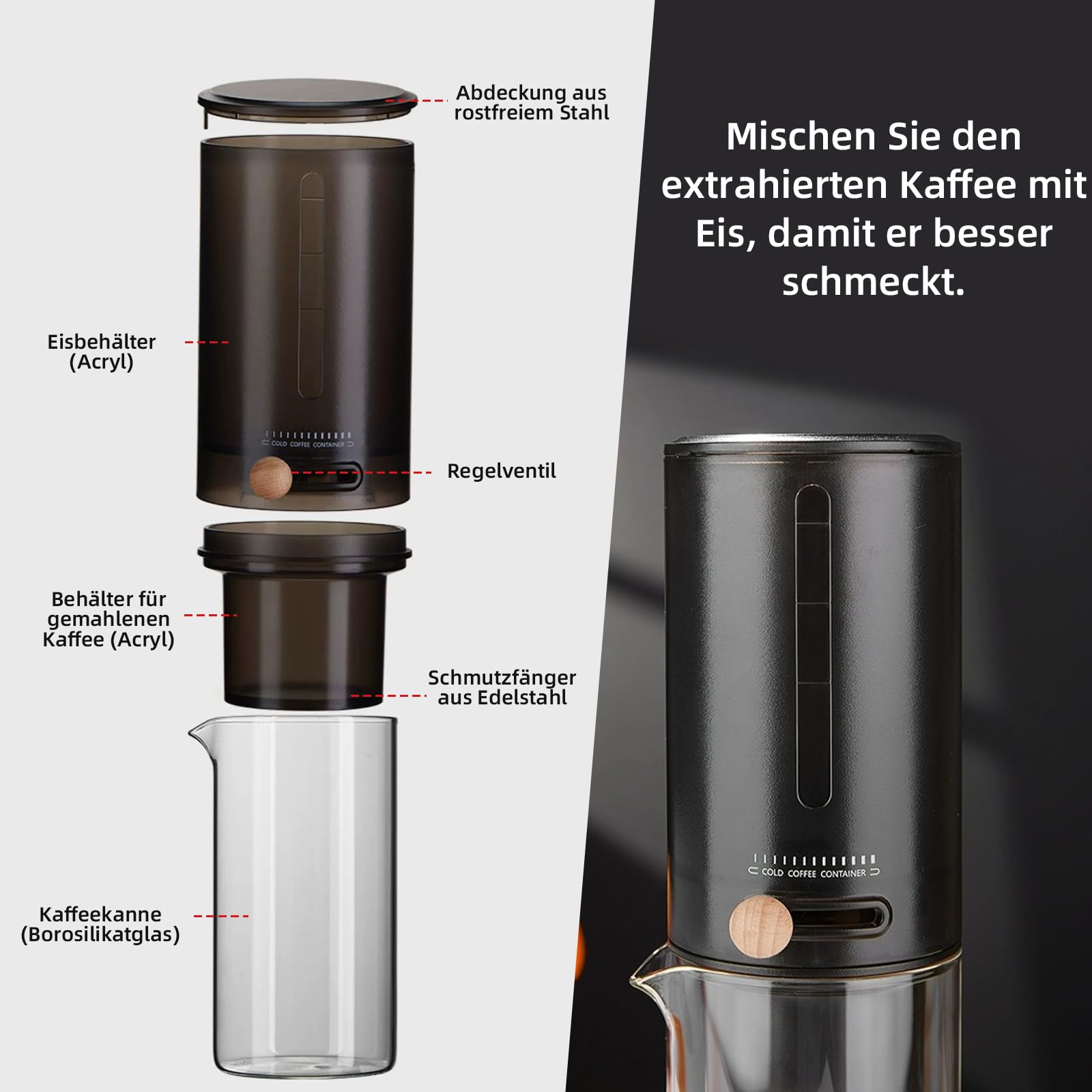 Cold Brew Coffee Maker, macchine da caffè per caffè Cold Brew Coffee e tè freddo, macchine da caffè gocciolante, velocità di estrazione a freddo regolabile, viene fornito con 100 carta