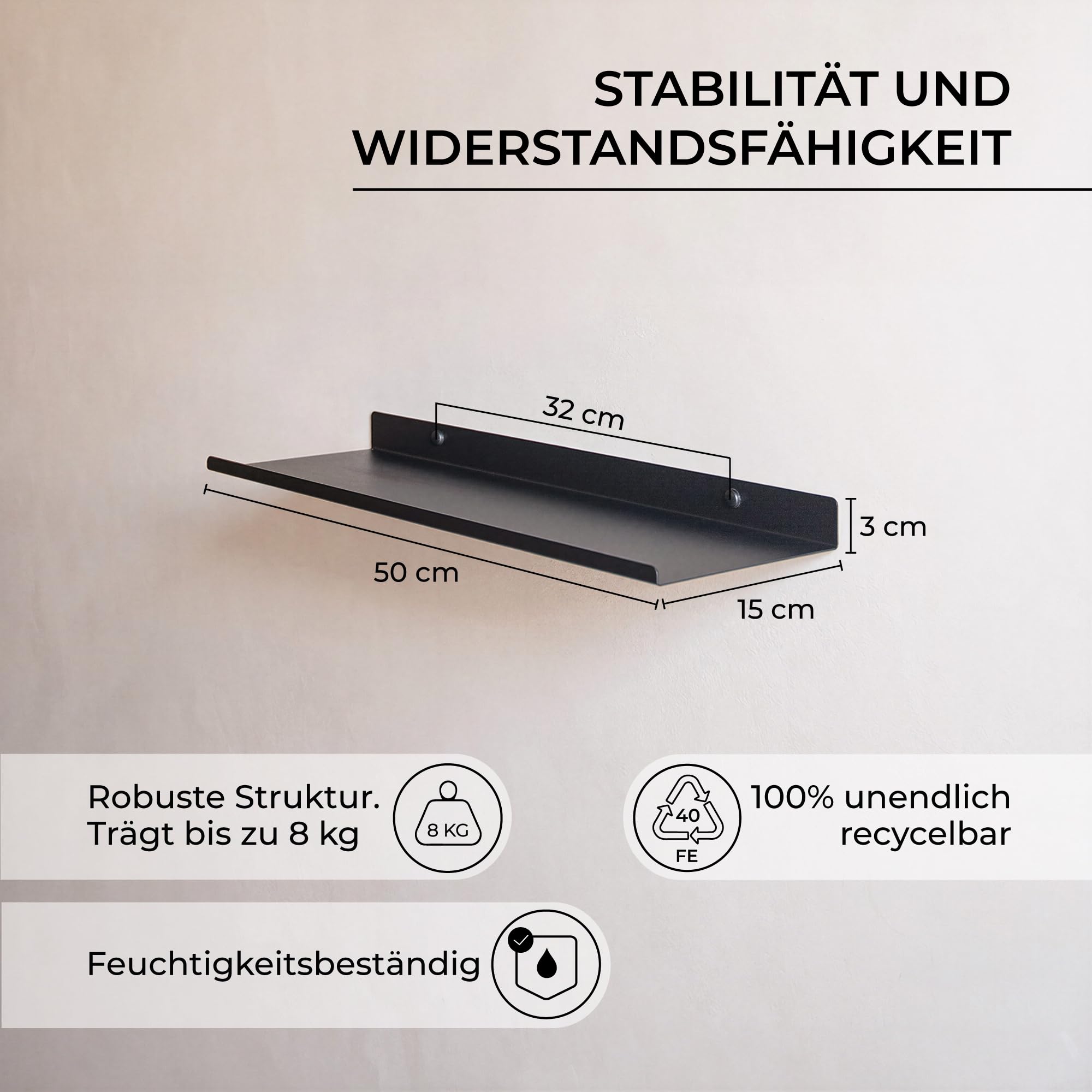 MILUKA Wandregal Schwarz aus Metall 50 cm, 2er Set, schwebend & stabil | 15 cm Tiefe, Schweberegal modular, Badregal & Küchenregal, Hängeregal für Bücher, Organisation & Deko, Made in Spain
