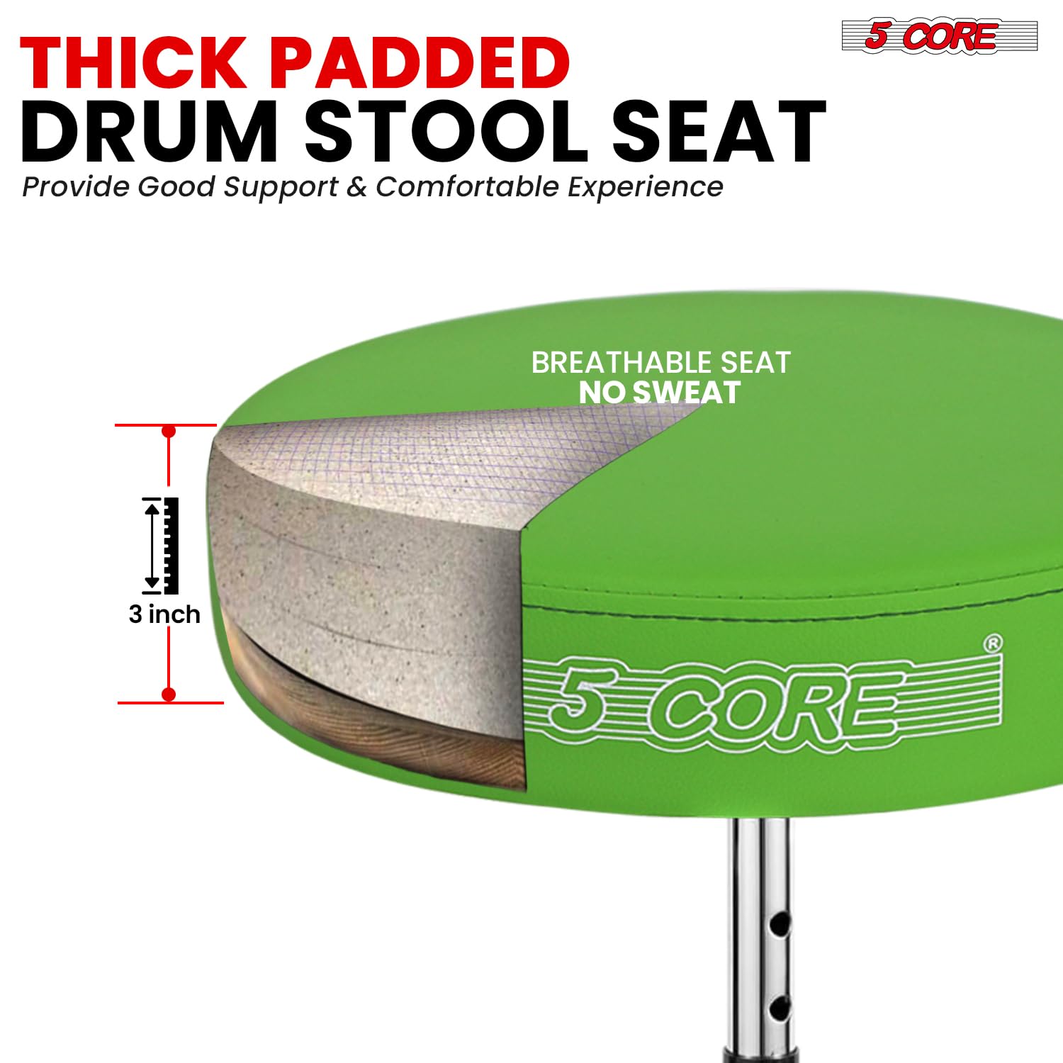 5 CORE Drum Throne Height Adjustable Guitar Stool Thick Padded Memory Foam DJ Chair Seat with Anti Slip Feet Multipurpose Musician Chair for Adults and Kids Drummer Cello Guitar Player DS CH GR