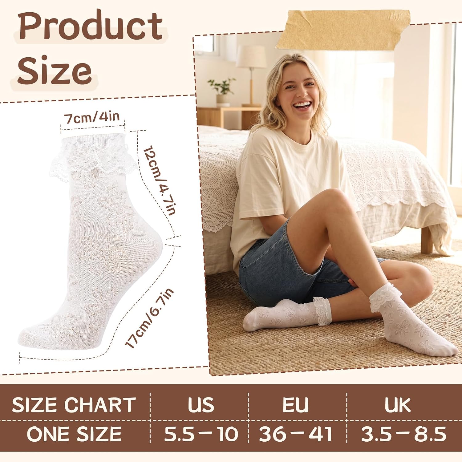 6 Pairs Women's Lace Ruffle Crew Socks - Frilly Ankle Sock with Bows, Soft Breathable Cotton Cute Princess Socks for Women Girls, Fashion Feminine Dress Sock