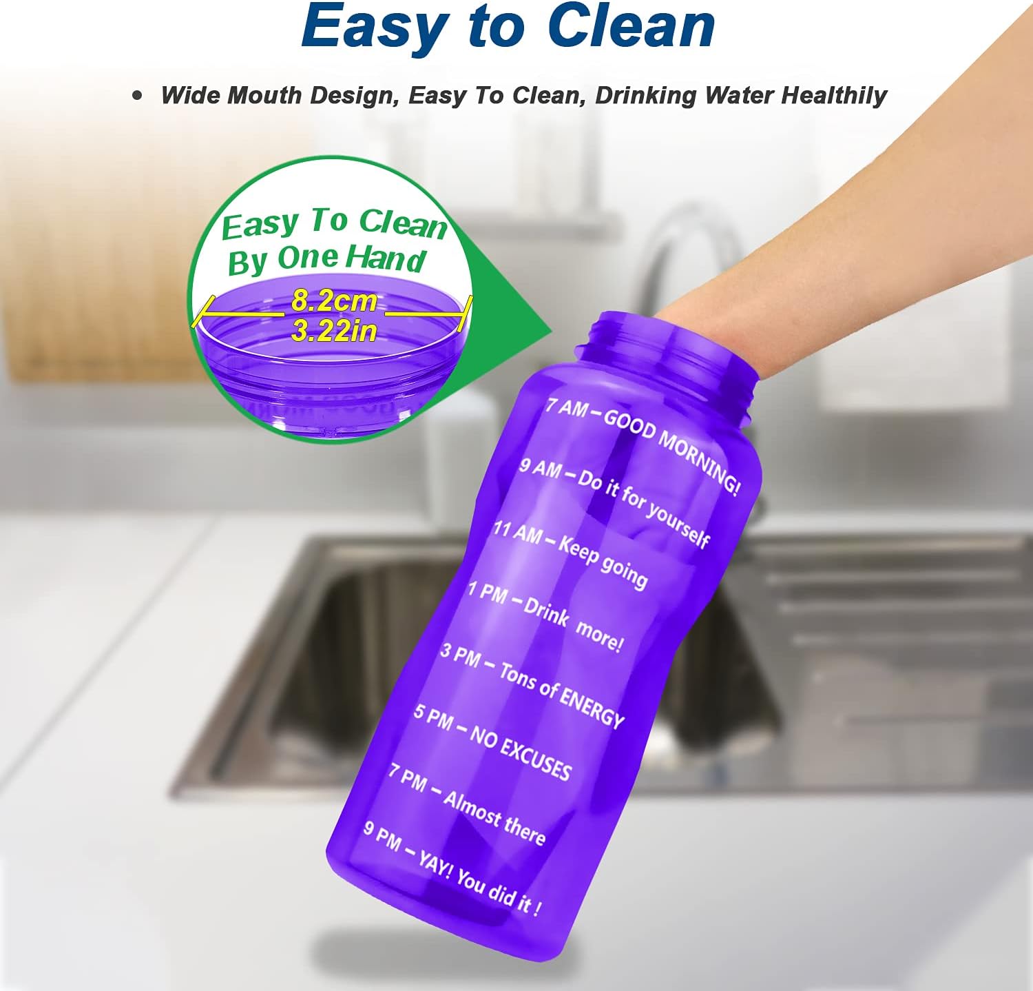 BuildLife Half Water Bottle BPA Free with Removeable Straw & Time Marker Wide Mouth Large Water Jug Reusable Leak-Proof(Light Purple, 64OZ)