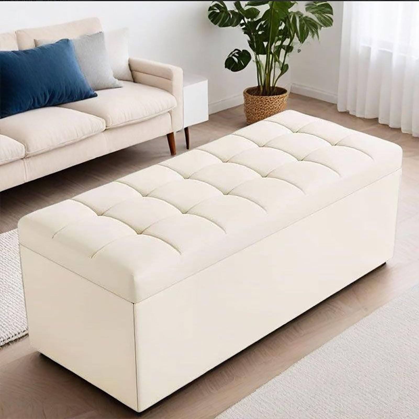 KLGFBDC Beige Faux Leather Storage Ottoman Bench Tufted Upholstered Footrest Stool for Living Room Bedroom & Entryway Supports 660 Lbs 24x16x16in (60x40x40cm)
