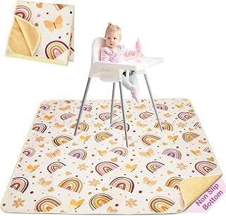 Basumee Waterproof Splat Mat for High Chair - Non-Slip Food Catcher, Easy Clean Baby Play Mat, 46x42 Inch Brown Rainbow
