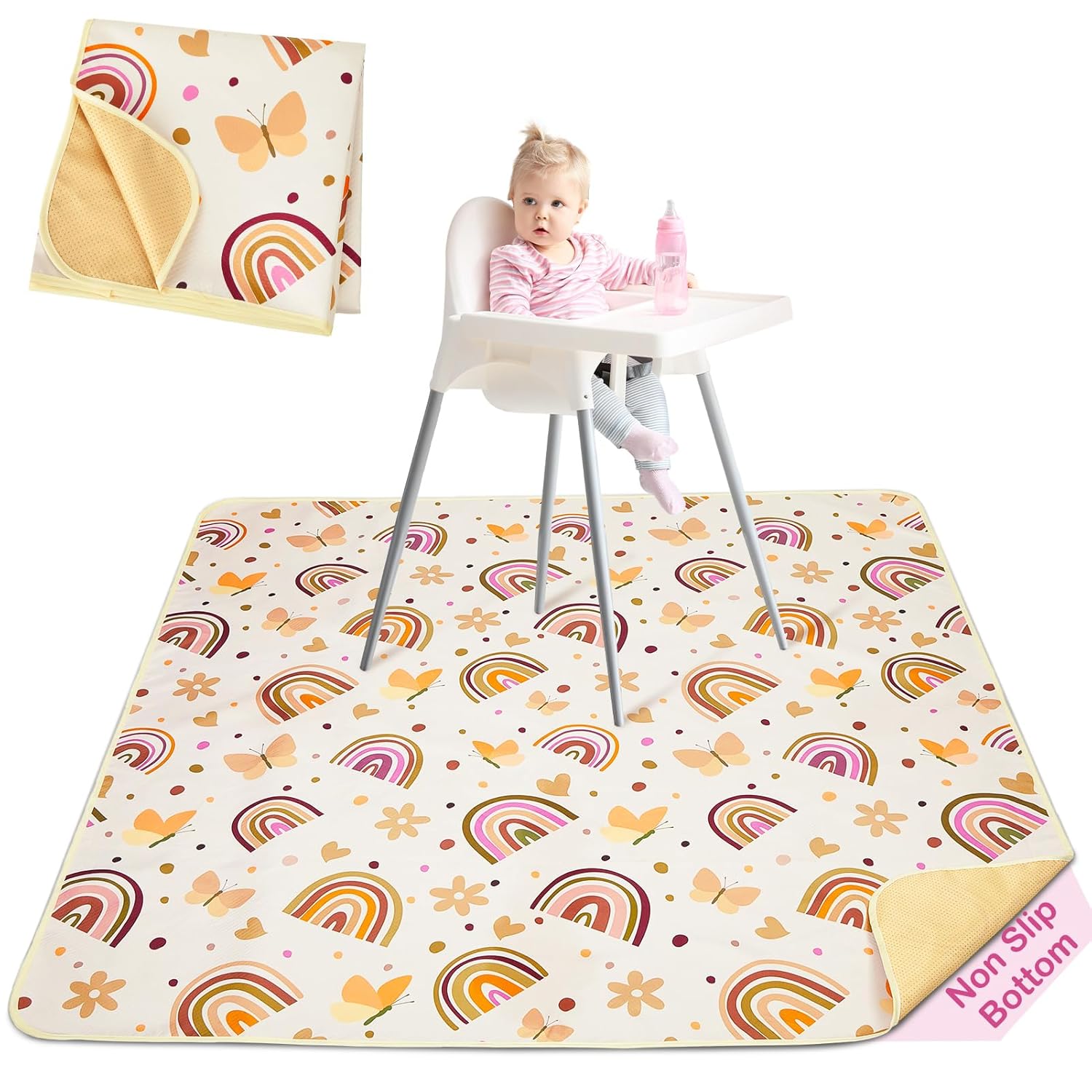 Basumee Waterproof Splat Mat for High Chair - Non-Slip Food Catcher, Easy Clean Baby Play Mat, 46x42 Inch Brown Rainbow