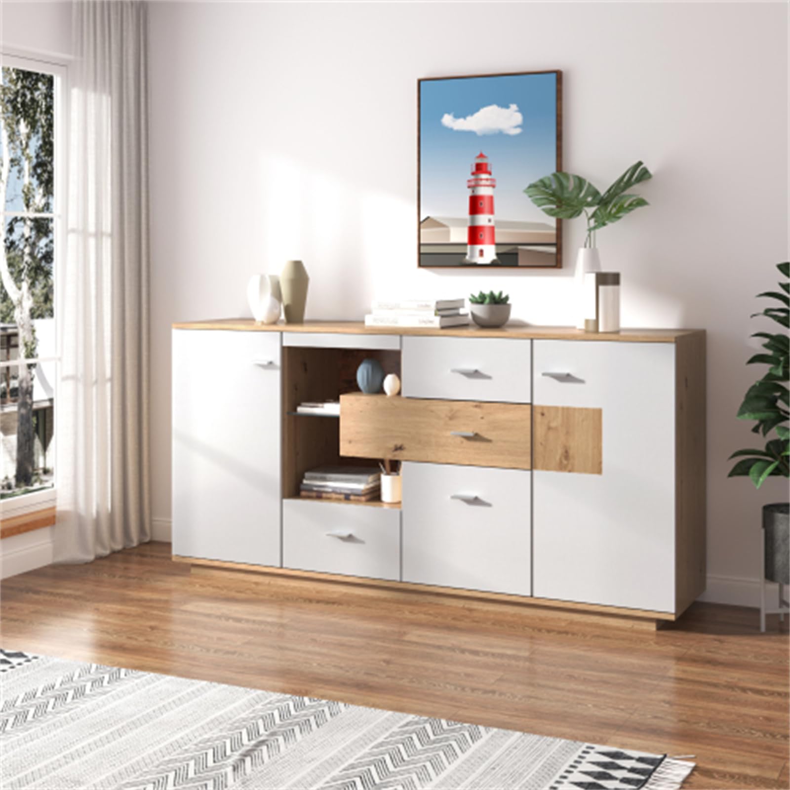 Credenza Moderna Illuminata A Led Con Ampio Spazio Per Riporre Gli Oggetti - Finitura Con Venature Del Legno Bianco - 160x40x77 Cm - 2 Ante, 4 Cassetti, Ripiano In Vetro - Mobili Versatili Per Il Sogg
