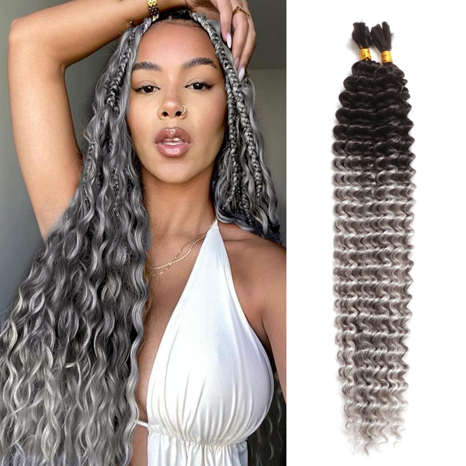 Bohemian Braiding Hair Grey Deep Wave Bulk Hair for Braiding No Weft Hair Curls for Boho Braids Wet and Wavy Curly Bundles for Braiding Hair Extensions (OT1/Grey