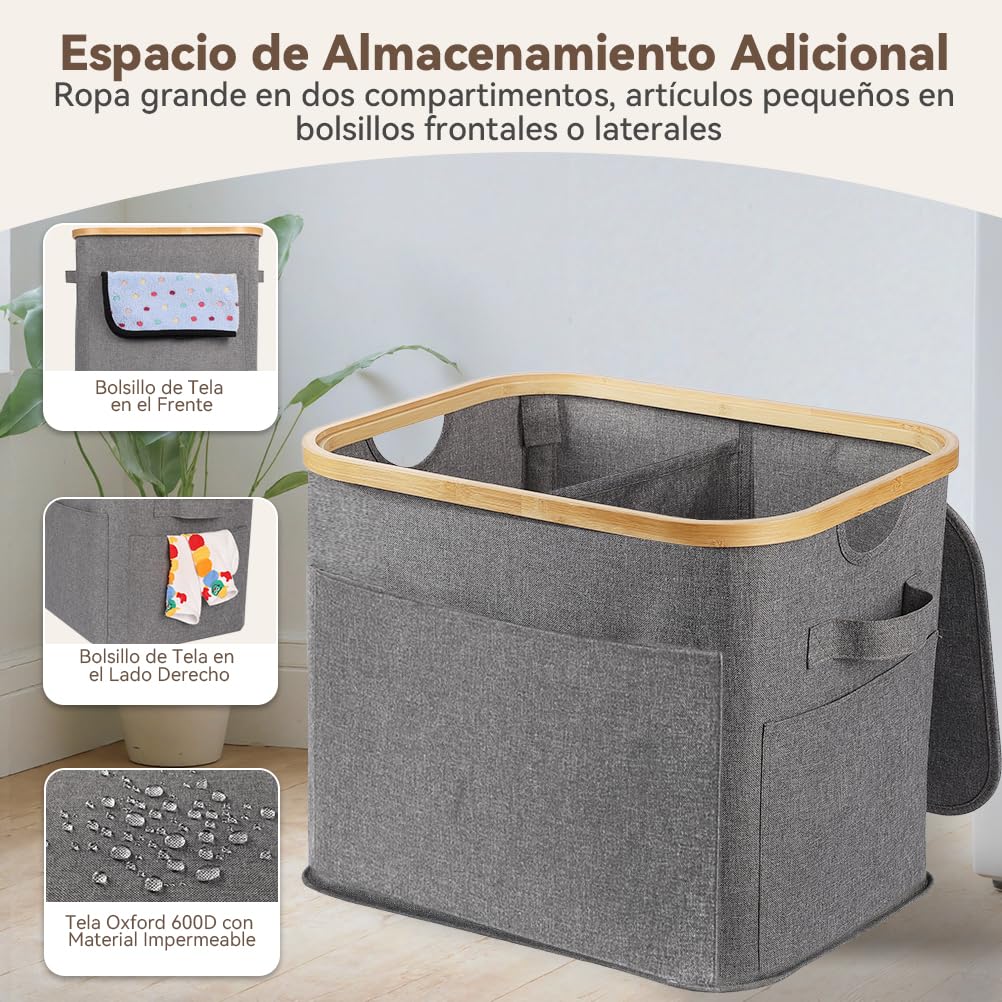 OUSFOT Cesto Ropa Sucia con Tapa 70L, Cubo 2 Compartimentos, Laundry Basket Impermeable para Armario