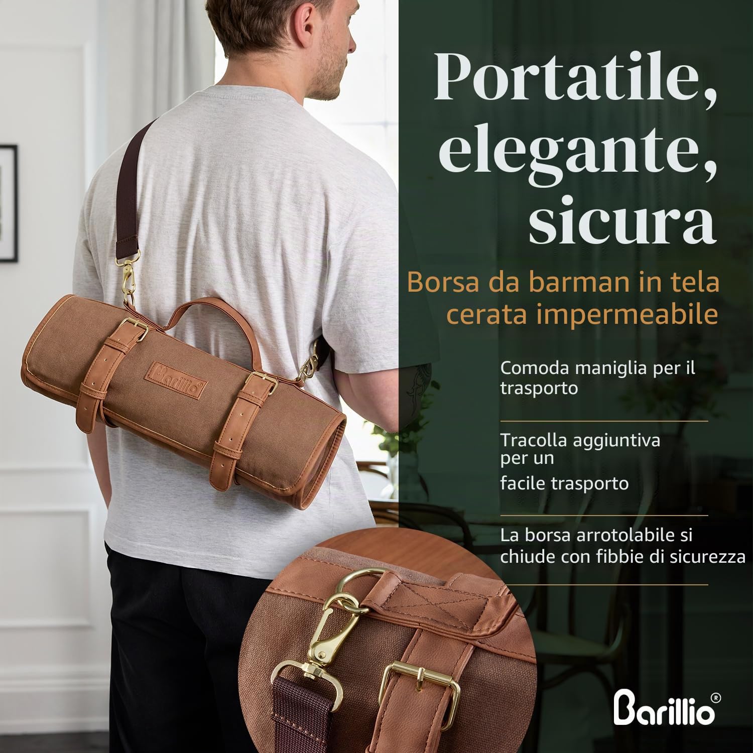Barillio Borsa da barista da viaggio con strumenti da bar, set professionale di 17 attrezzi da bar con borsa portatile in tela cerata con tracolla per un facile trasporto, set da cocktail da viaggio