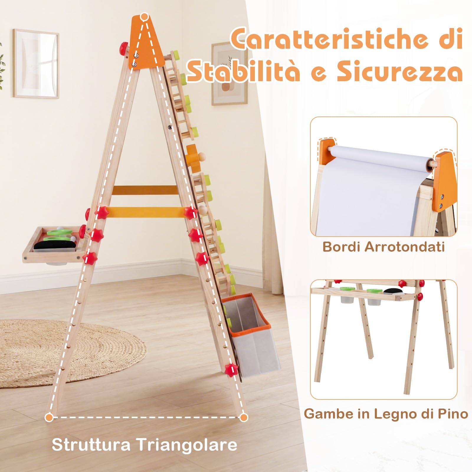 COSTWAY Lavagna per Bambini, Cavalletto Pieghevole e Regolabile, Lavagna Magnetica Doppia Faccia con Rotolo di Carta, Vassoio Portaoggetti e Corsa per Biglie, per 3+ Anni