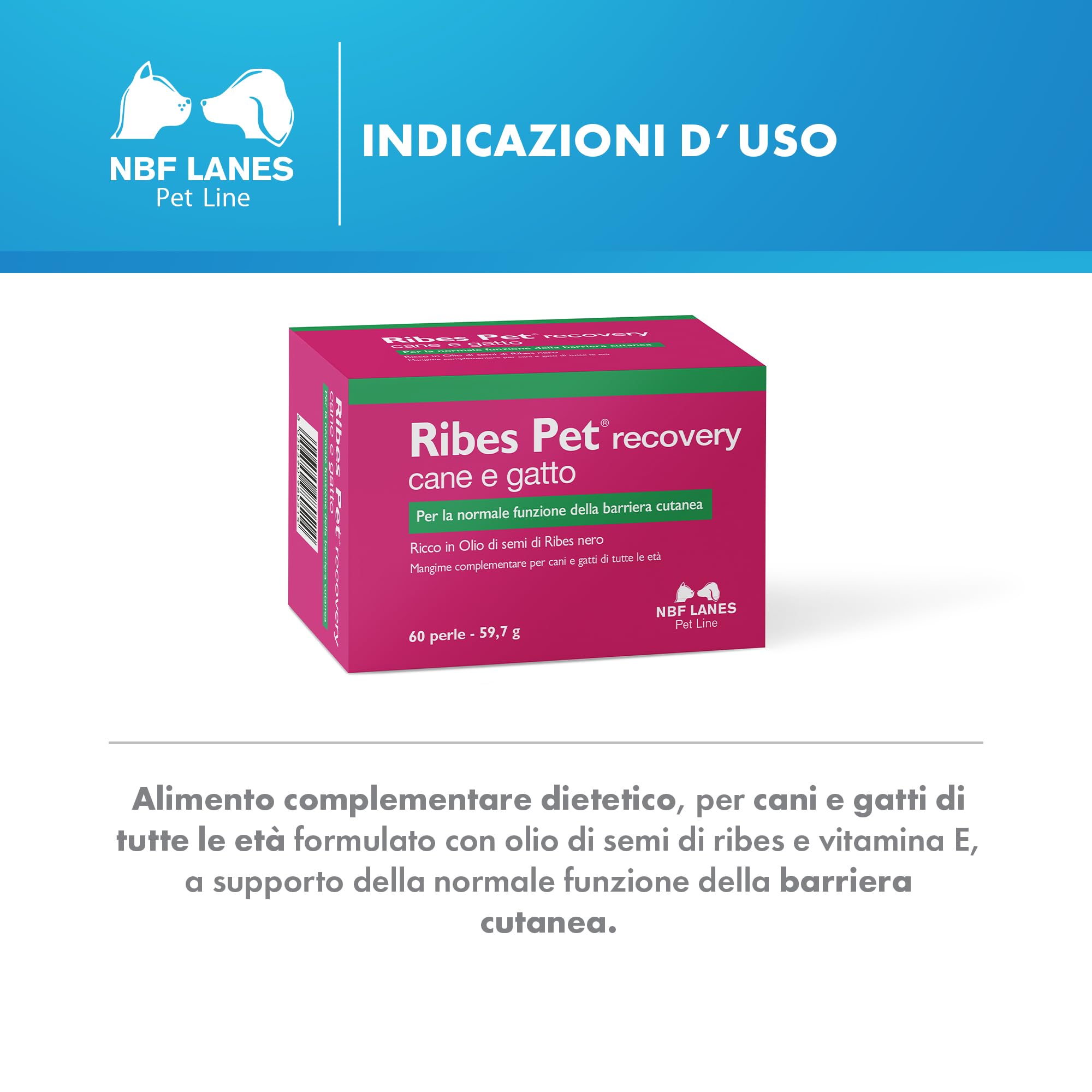 NBF Lanes | Ribes Pet Recovery Cane e Gatto, 60 Perle Appetibili, per la Normale Funzione della Barriera Cutanea