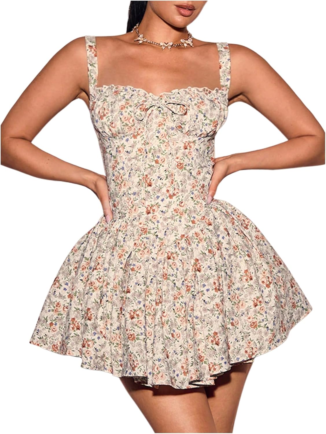 WDIRARA Women's Floral Print A Line Mini Dresses Bow Smocked Ruffle Hem Cami Dress