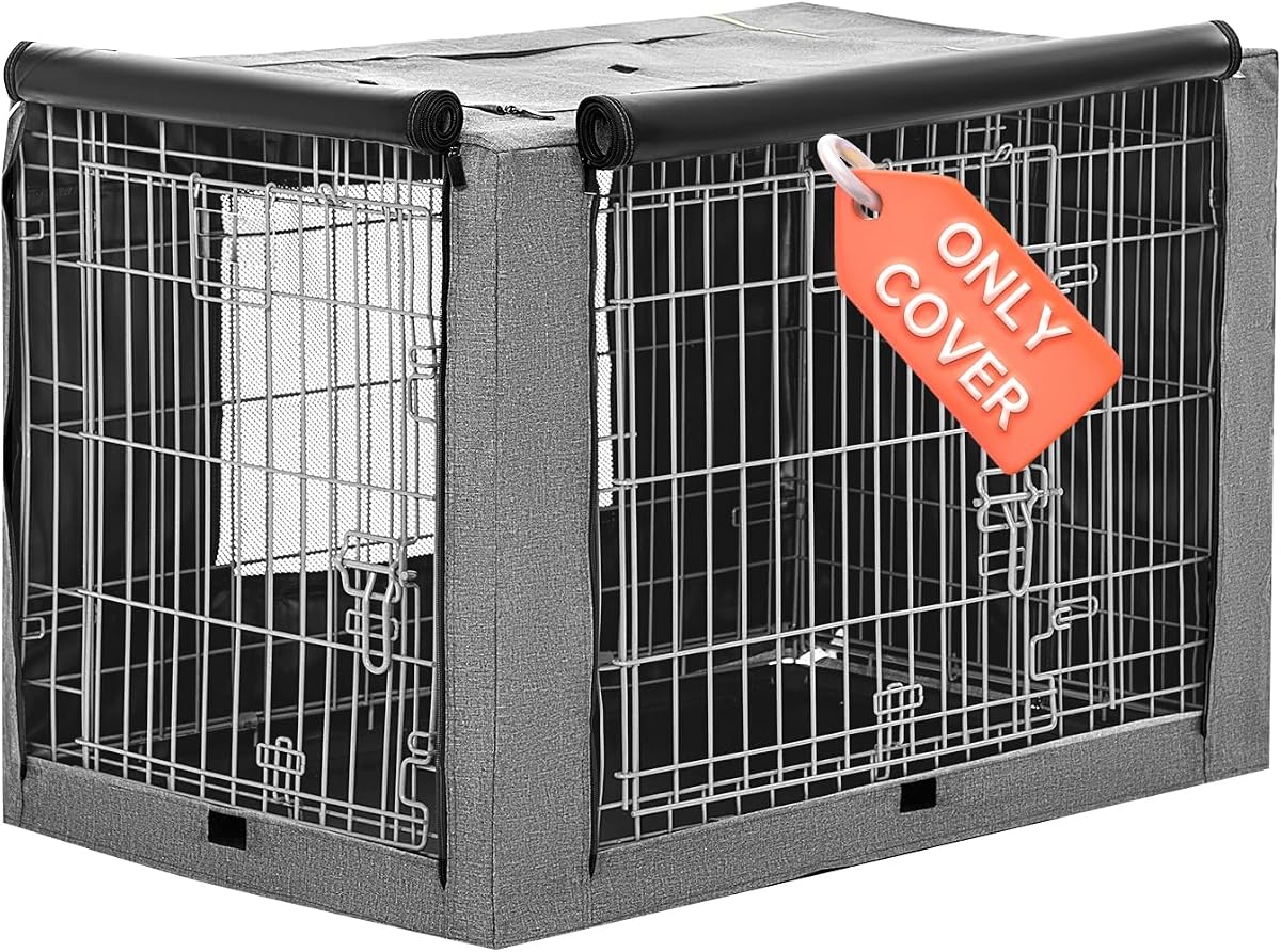 PETSFIT 36 Inch Wire Dog Crate Cover, Double Doors, Mesh Window, Detachable Top and Back Flap, Grey