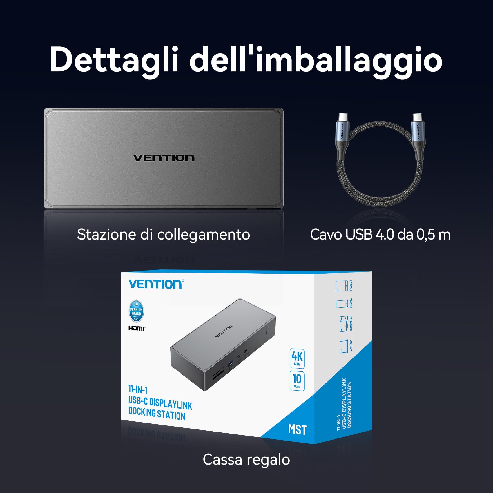 VENTION Docking Station DisplayLink per MacBook M1/M2/M3/M4, Docking Station USB C 11 in 1 con Doppio Monitor 4K@60Hz,Stazione per portatile con USB A/C 10Gbps,HDMI,DP,PD 100W,SD/TF