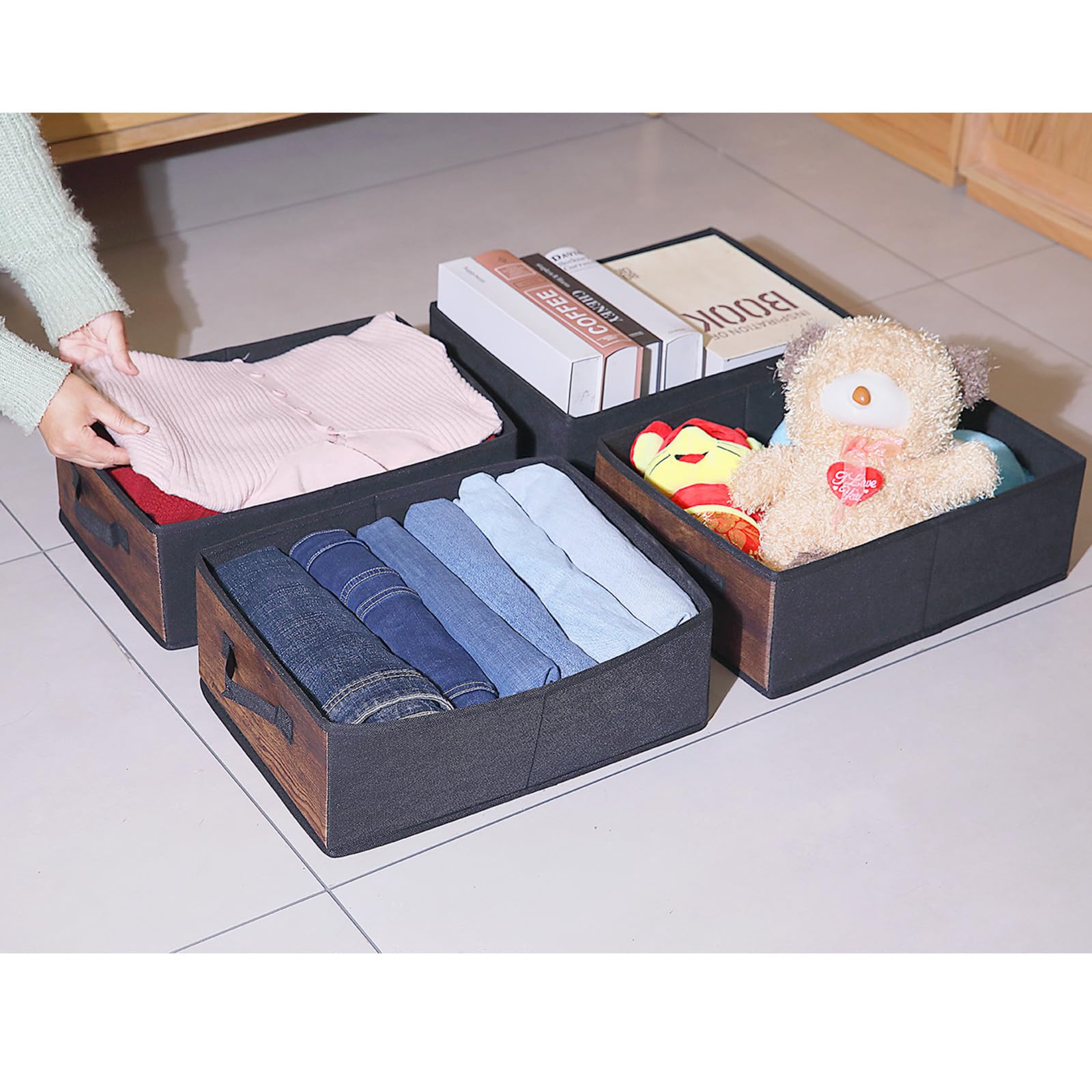 Lot De 3 Paniers De Rangement Pliables - 33 X 23 X 20 Cm - Gris - Avec Poignées Et Cordon De Serrage - Idéal Placard Et Rangement