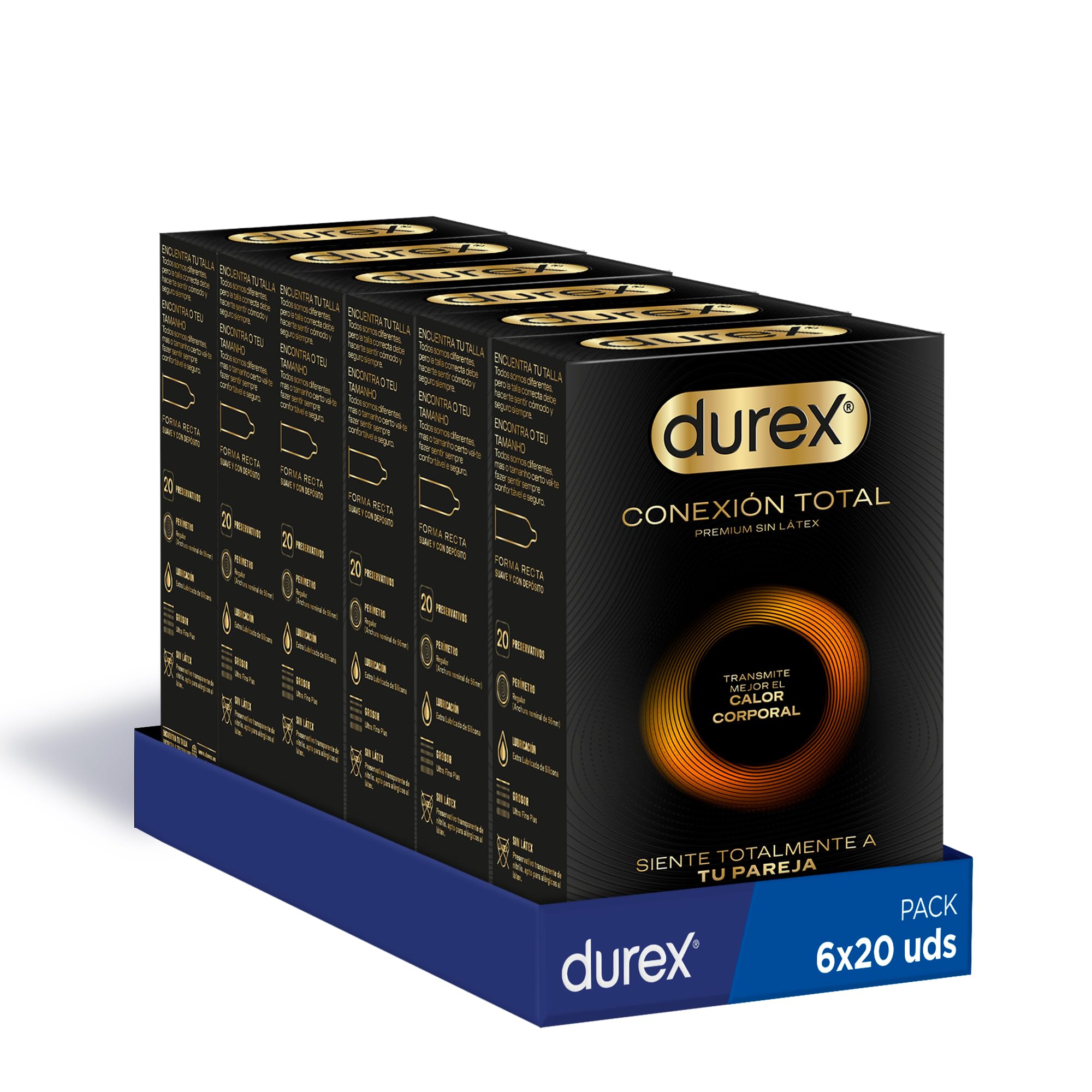Durex Conexión Total Preservativo Ultra Fino Plus sin Látex con Tecnología Body Feel que Transmite Mejor el Calor Corporal, 120 Condones