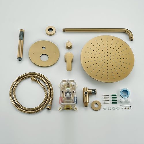 Miniatura 8 de Iriber Sistema de ducha dorado cepillado montado en la pared grifo mezclador con cabezal de ducha de lluvia de 10 pulgadas y mano, kit de molduras