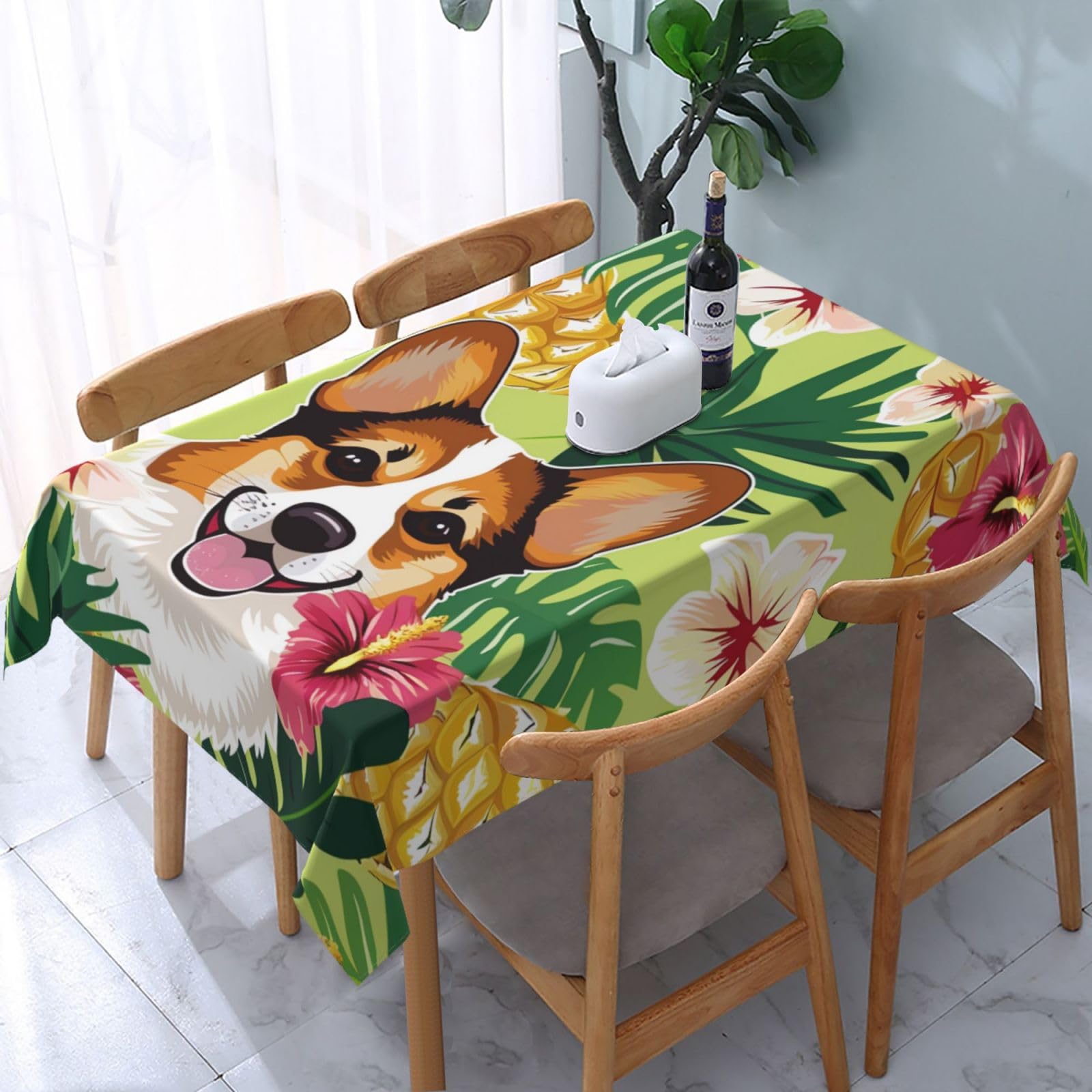 WPKJU Corgi Hawaiian Tropical Summer Pineapple Printed Tablecloth Water Resistant Table Cover Washable Rectangle Table Cloth for Tables 54x72 in