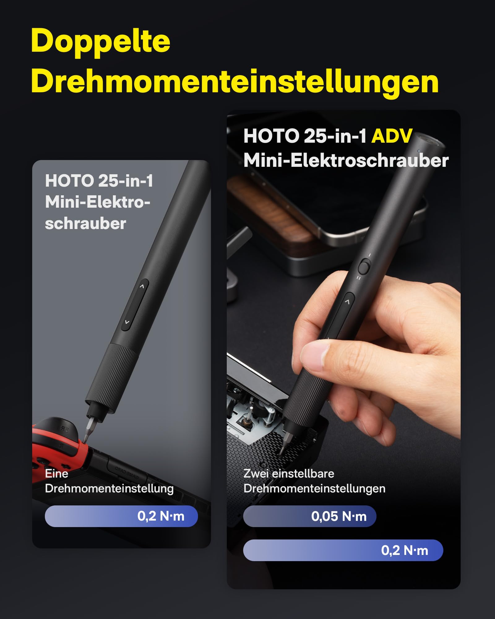 HOTO Feinmechaniker Akkuschrauber Set, Mini Elektrischer Schraubenzieher | Elektro Präzisions Schraubendreher für Brillen, Uhr, Handy, PC, Ideal für Reparatur, S2-Stahl, 25 Bits ADV