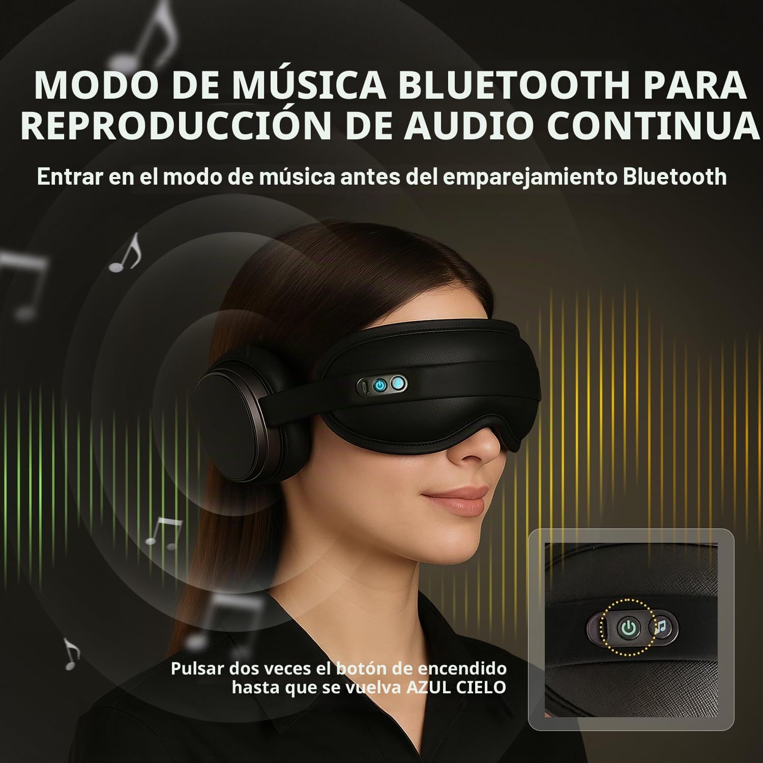 HubiCare - Máscara antiruido para los ojos con terapia de calor y música Bluetooth, auriculares para concentrarse, relajarse, dormir mejor, meditar y aliviar la tensión (Negro)