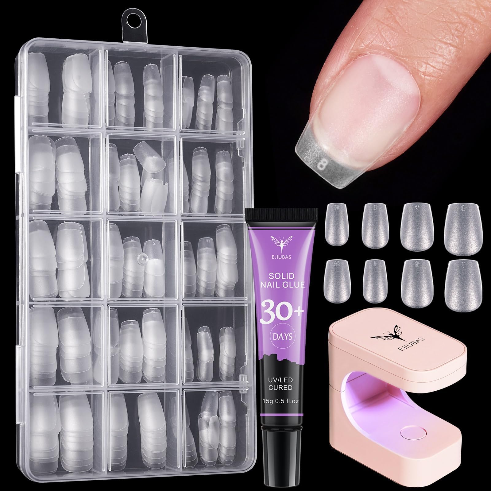 Ejiubas Gel Nail Kit 300Pcs 15 Sizes Short Coffin Nail Tips, 15ML Last Long Solid